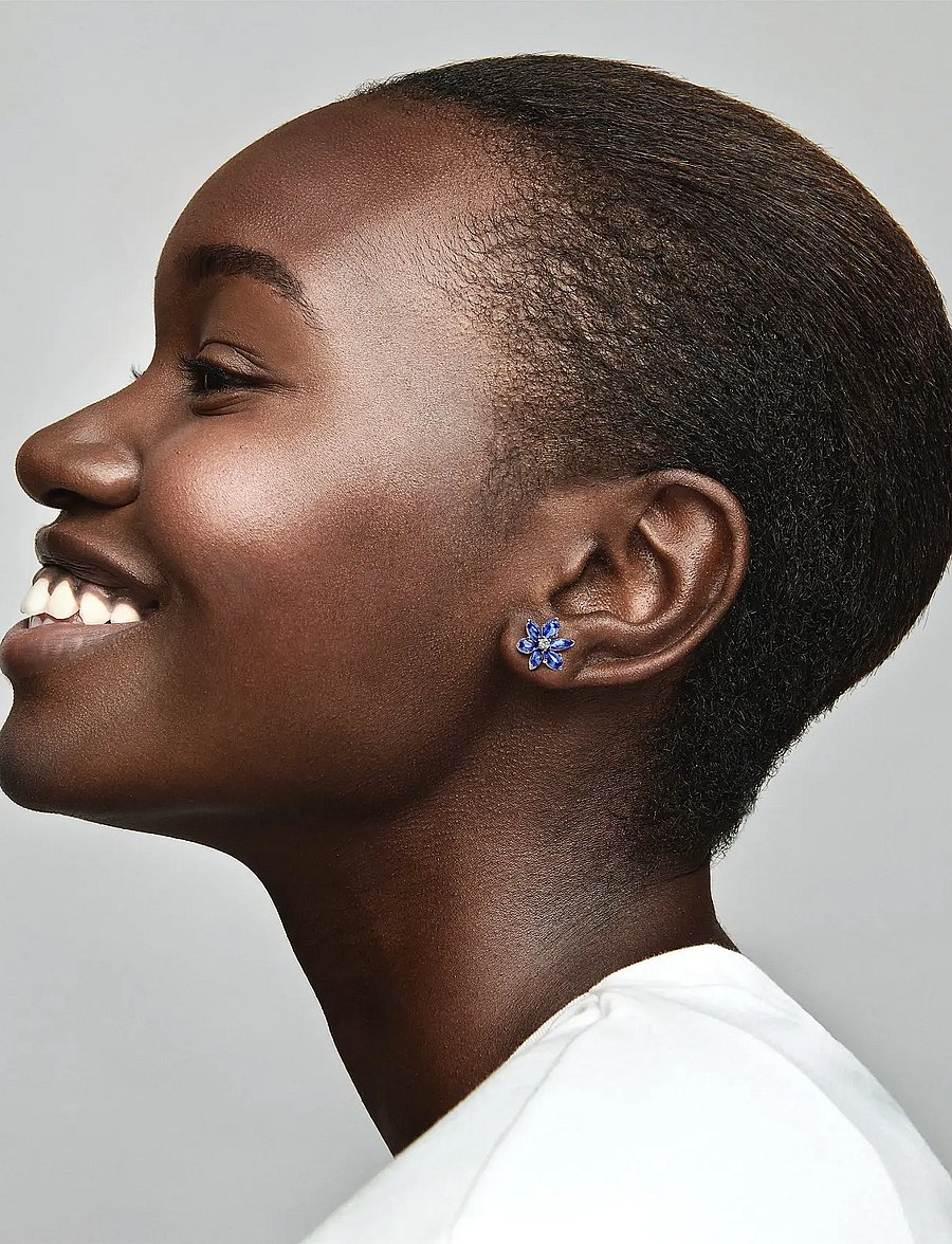 Pandora - Herbarium cluster sterling silver stud earrings with princess blue crystal and clear cubic zirconia - blue - 0