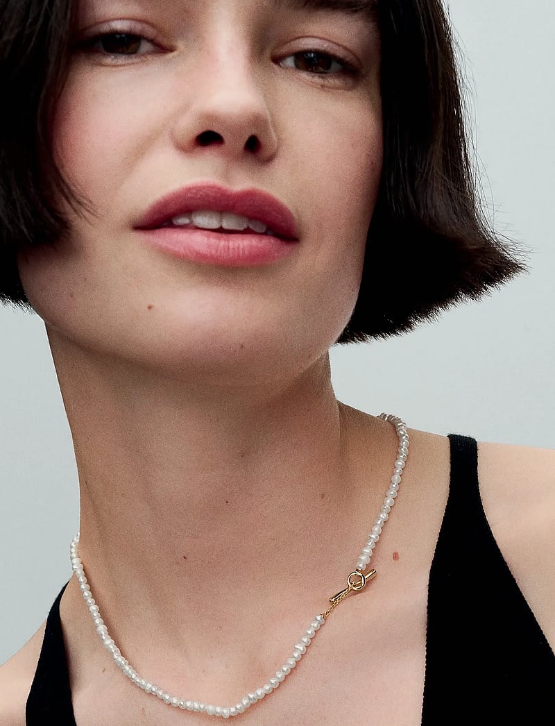 Pandora - 14k Gold-plated T-bar collier with white treated freshwater cultured pearl - perlenketten - white - 0