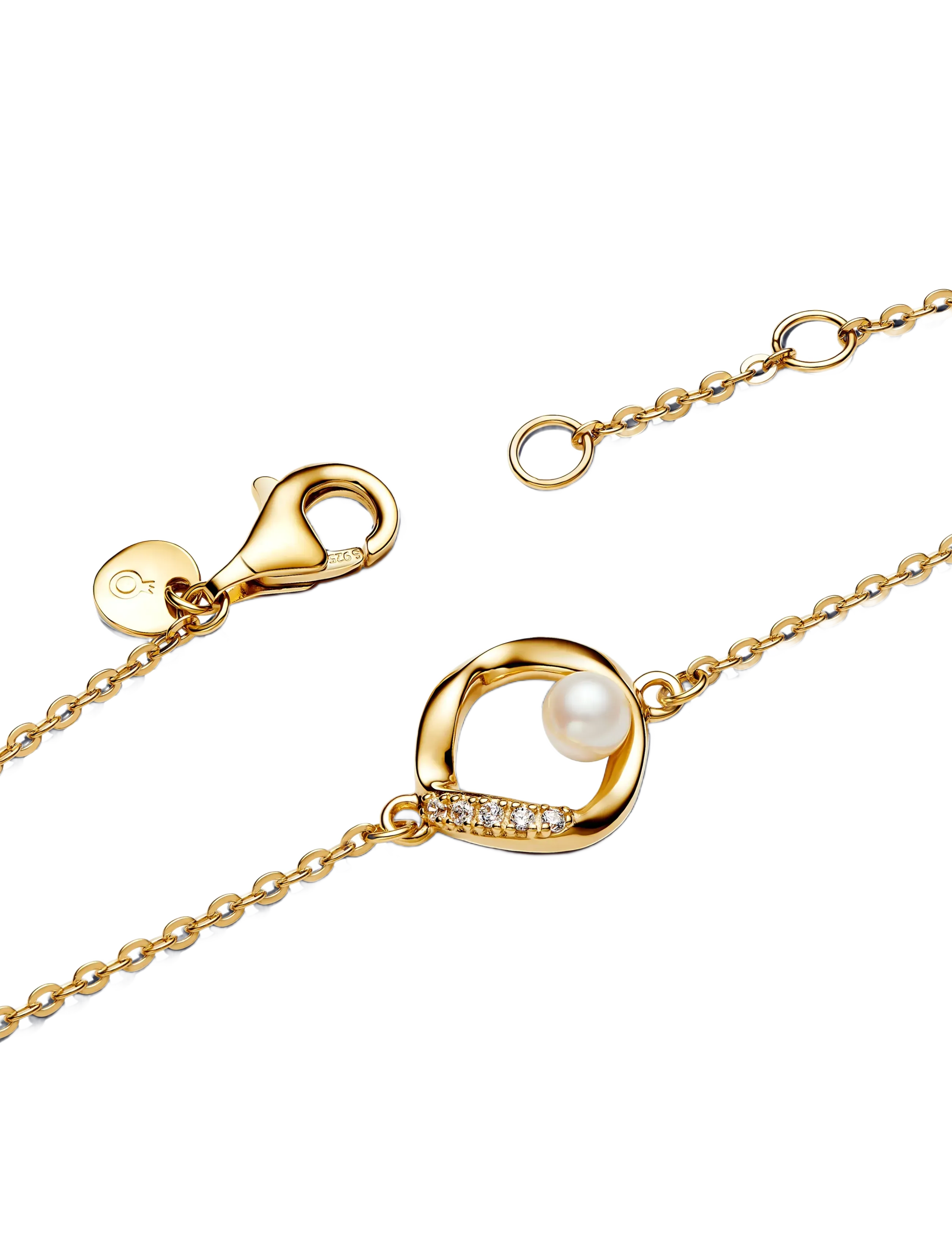 Pandora - 14k gold-plated bracelet with treated white freshwater cultured pearl and clear cubic zirconia - kædearmbånd - white - 3