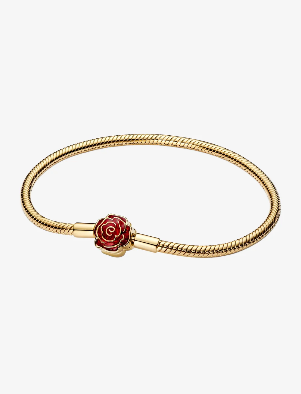 Pandora - Disney Beauty & The Beast snake chain 14k gold-plated bracelet with rose clasp and holo glittery red - kedjearmband - red - 1