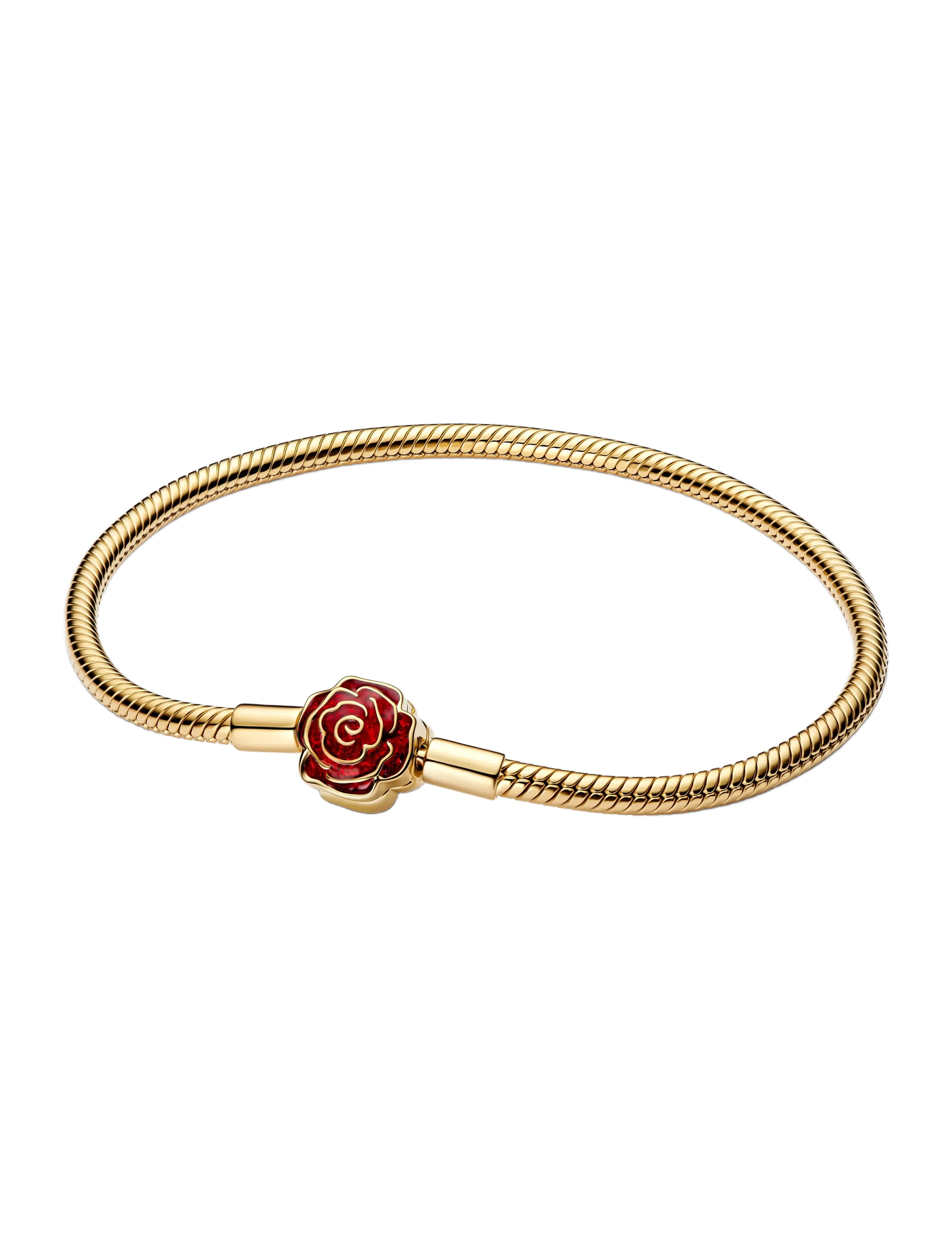 Pandora Disney Beauty & The Beast snake chain 14k gold-plated bracelet with rose clasp and holo glittery red - Samarbejder - RED / gold