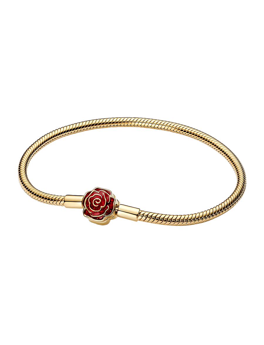 Pandora - Disney Beauty & The Beast snake chain 14k gold-plated bracelet with rose clasp and holo glittery red - bracelets chaîne - red - 1