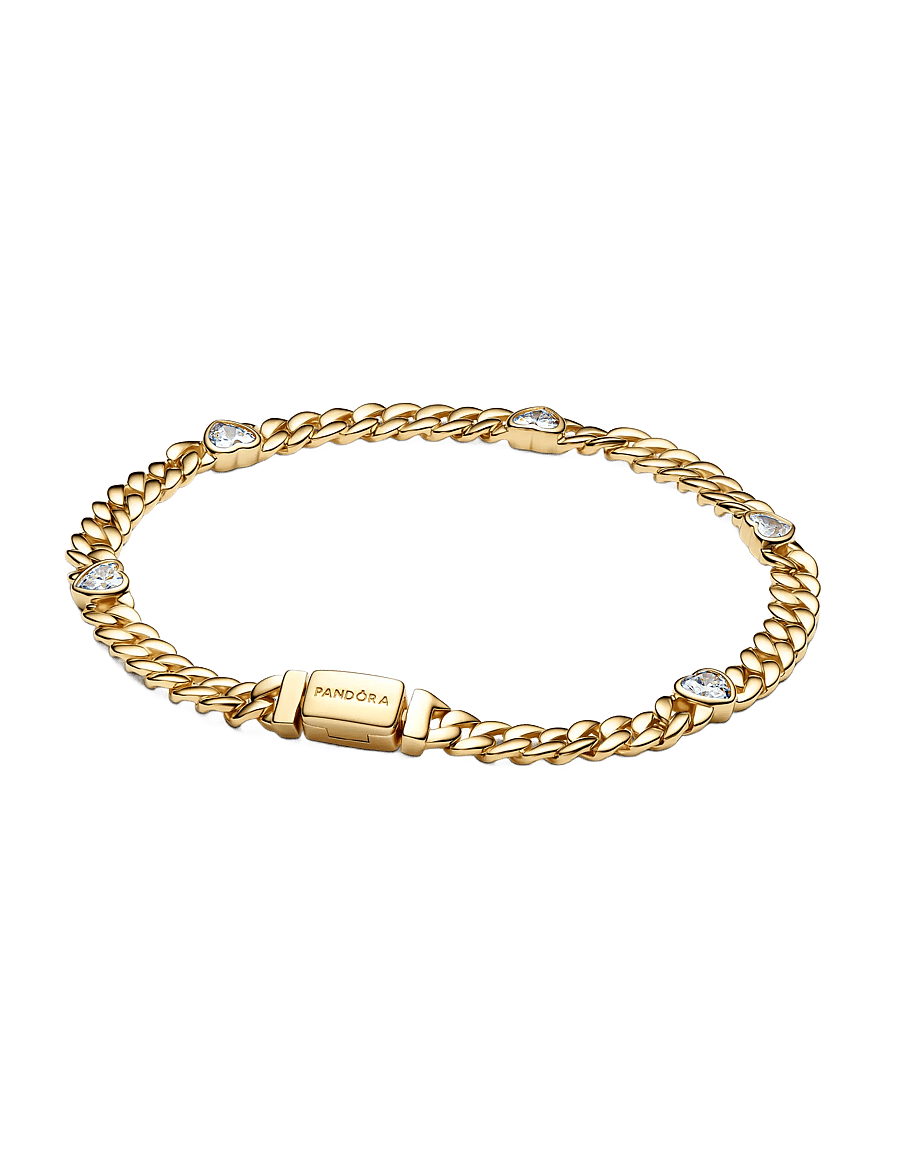 Pandora - Heart cuban chain 14k gold-plated bracelet with clear cubic zirconia - kædearmbånd - clear - 0