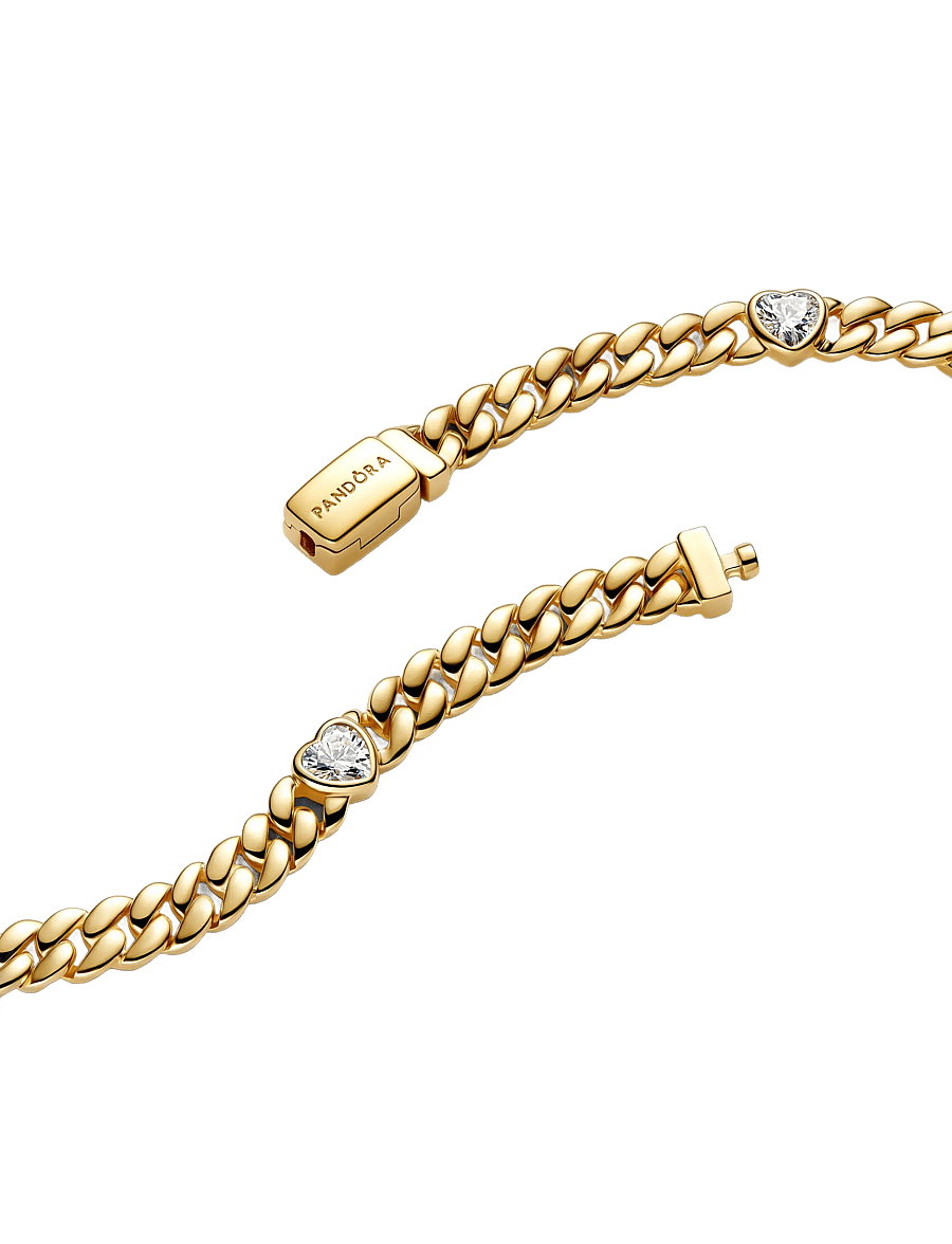 Pandora - Heart cuban chain 14k gold-plated bracelet with clear cubic zirconia - kædearmbånd - clear - 1