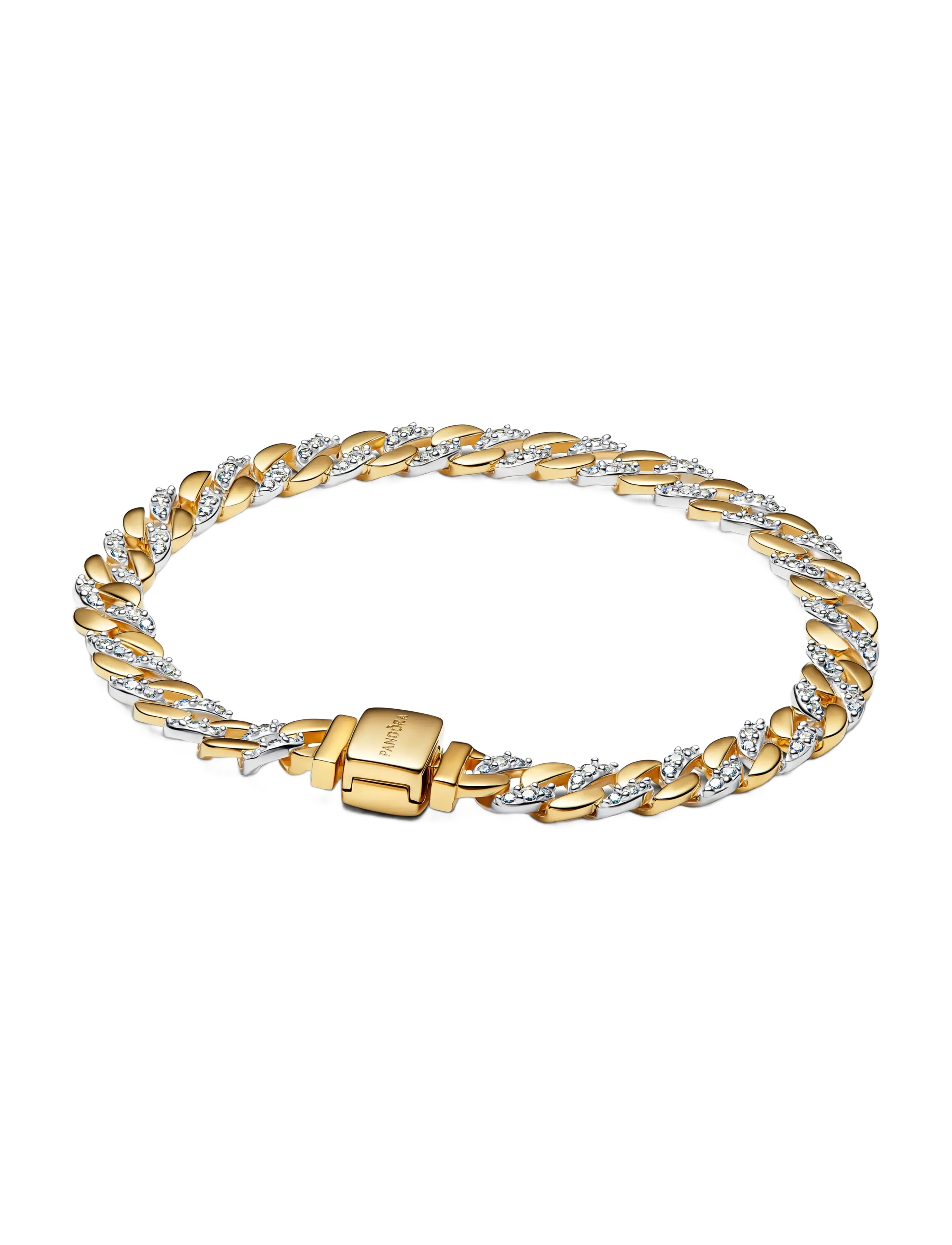 Pandora Cuban Chain Sterling Silver And 14K Gold-Plated Bracelet With Clear Cubic Zirconia, Kvinder, To Tonet Pavé Cubansk Kæde Armbånd, Guld, Str: 18