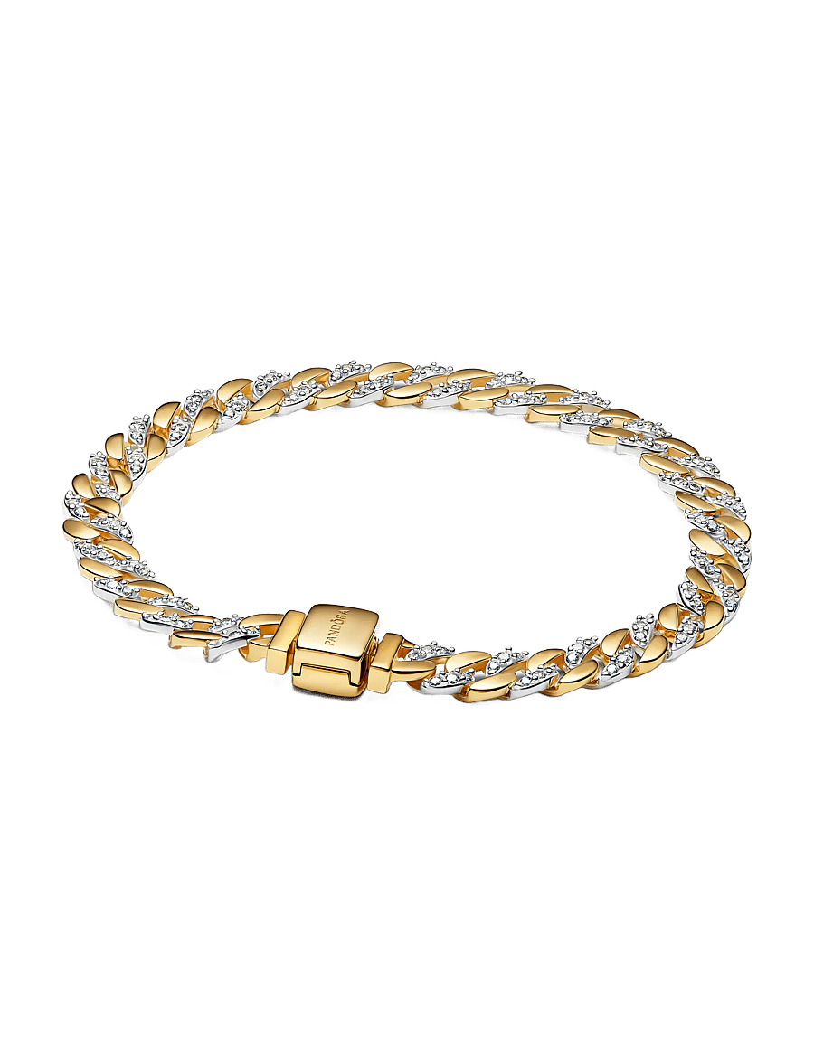 Pandora - Cuban chain sterling silver and 14k gold-plated bracelet with clear cubic zirconia - kædearmbånd - clear - 0