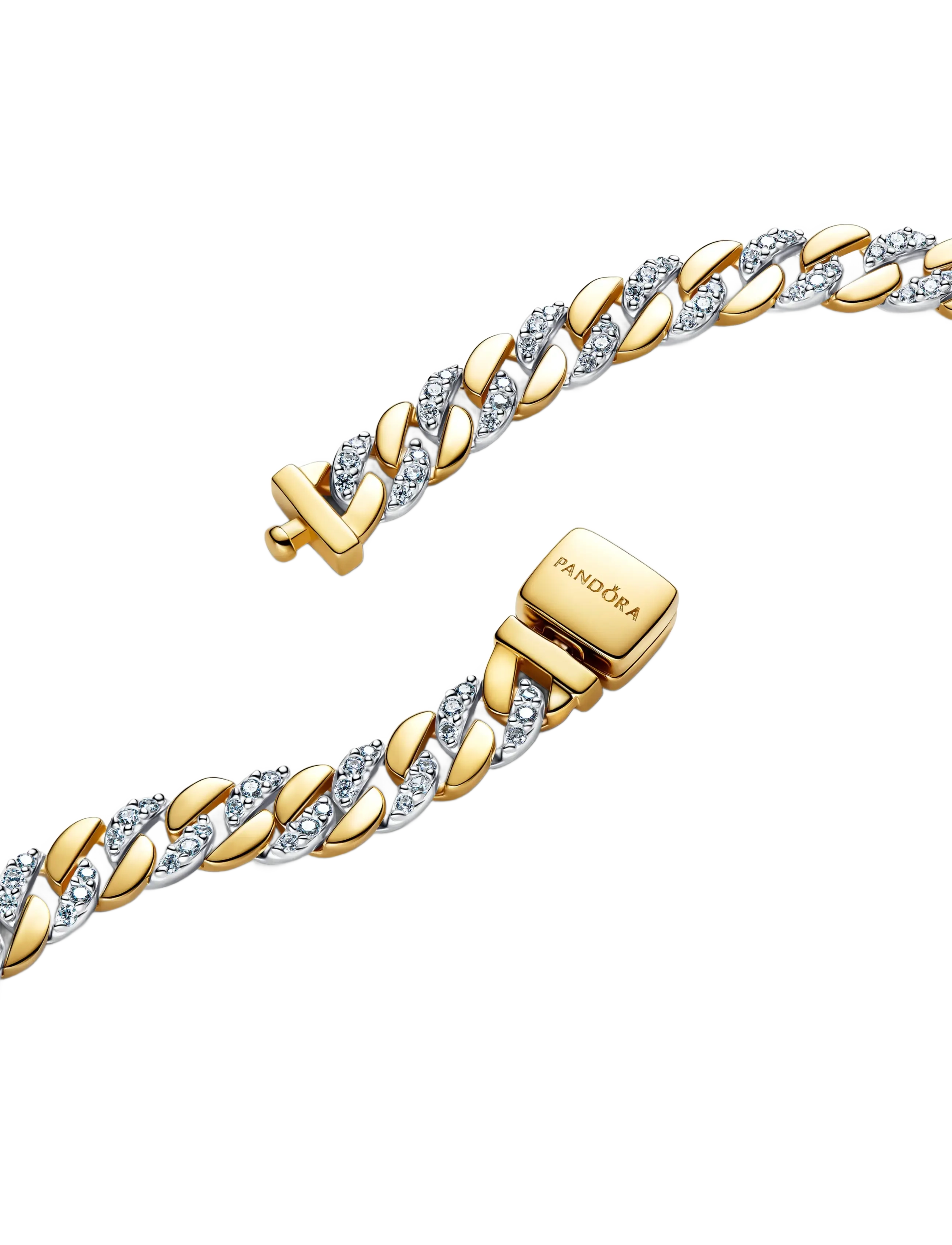 Pandora - Cuban chain sterling silver and 14k gold-plated bracelet with clear cubic zirconia - kettenarmbänder - clear - 1
