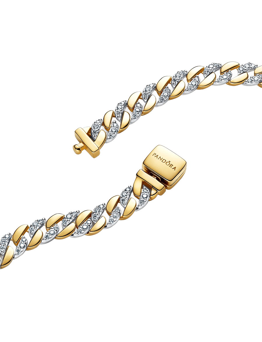 Pandora - Cuban chain sterling silver and 14k gold-plated bracelet with clear cubic zirconia - kædearmbånd - clear - 1