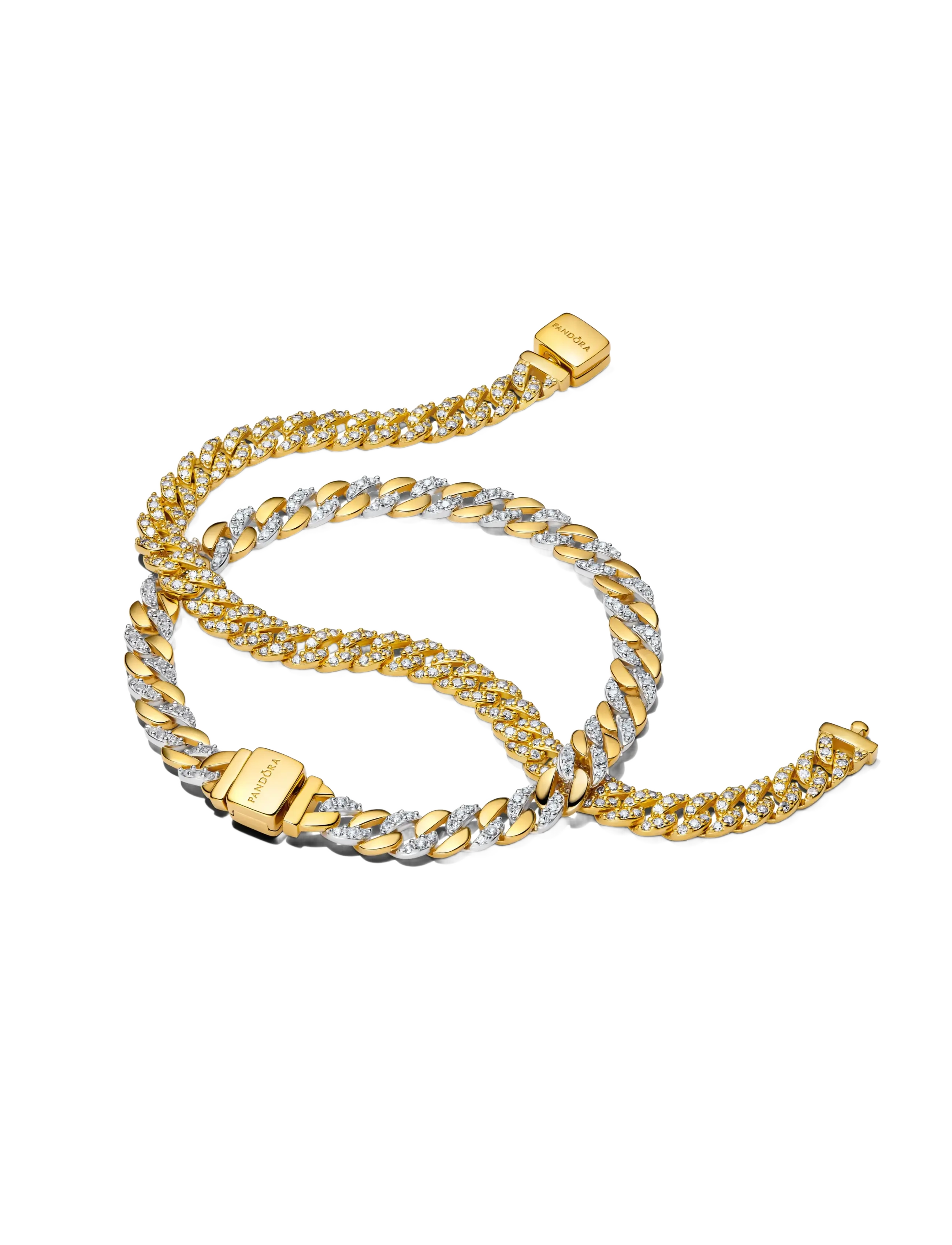 Pandora - Cuban chain sterling silver and 14k gold-plated bracelet with clear cubic zirconia - kettenarmbänder - clear - 2