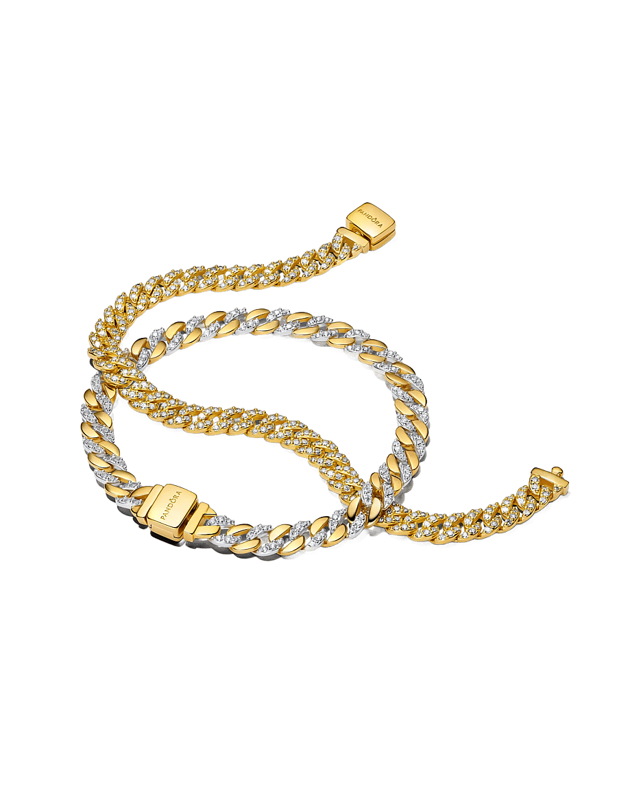 Pandora - Cuban chain sterling silver and 14k gold-plated bracelet with clear cubic zirconia - kædearmbånd - clear - 2