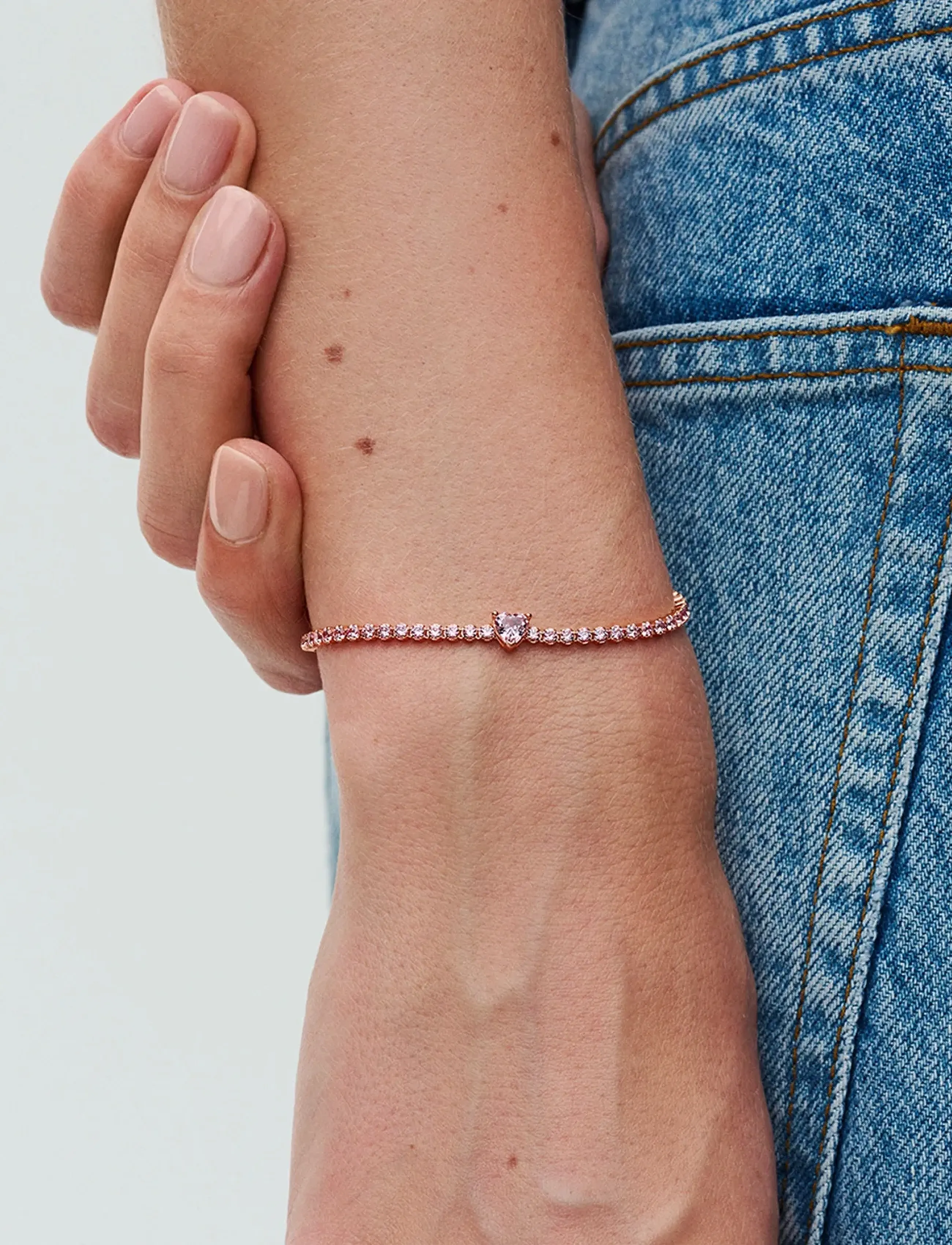 Pandora - Heart 14k rose gold-plated tennis bracelet with orchid pink crystal - bracelets chaîne - pink - 4
