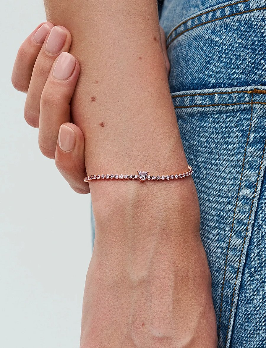 Pandora - Heart 14k rose gold-plated tennis bracelet with orchid pink crystal - bracelets chaîne - pink - 4