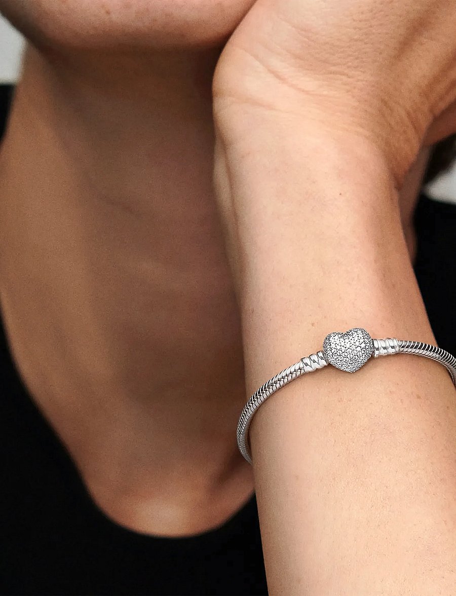 Pandora - Sparkling Heart Snake Chain Bracelet - kettenarmbänder - clear - 4