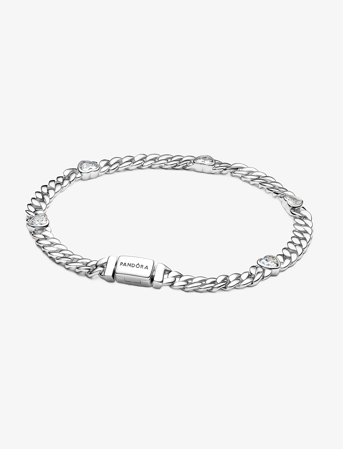 Pandora - Heart cuban chain sterling silver bracelet with clear cubic zirconia - kettenarmbänder - clear - 1