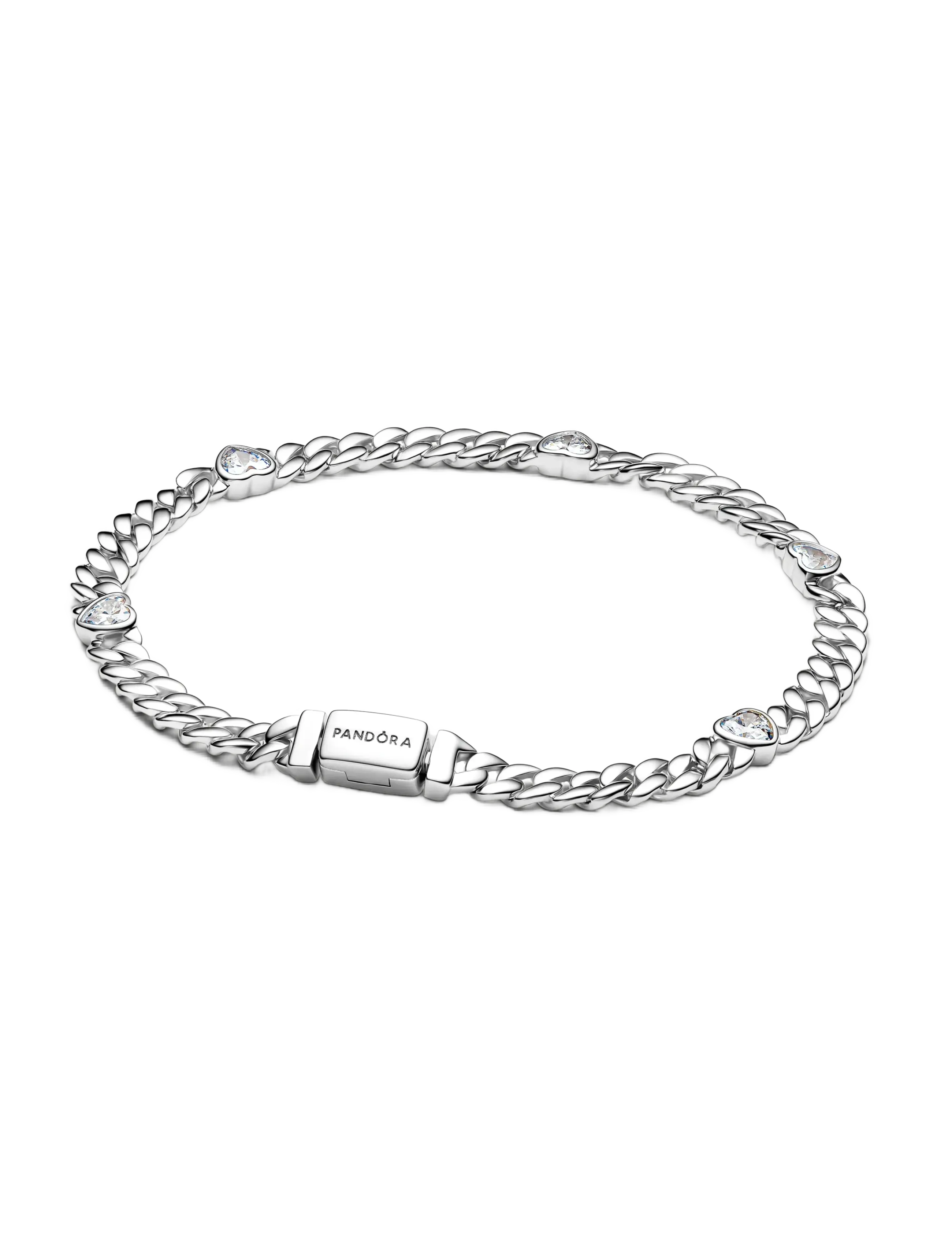 Heart cuban chain sterling silver bracelet with clear cubic zirconia - CLEAR