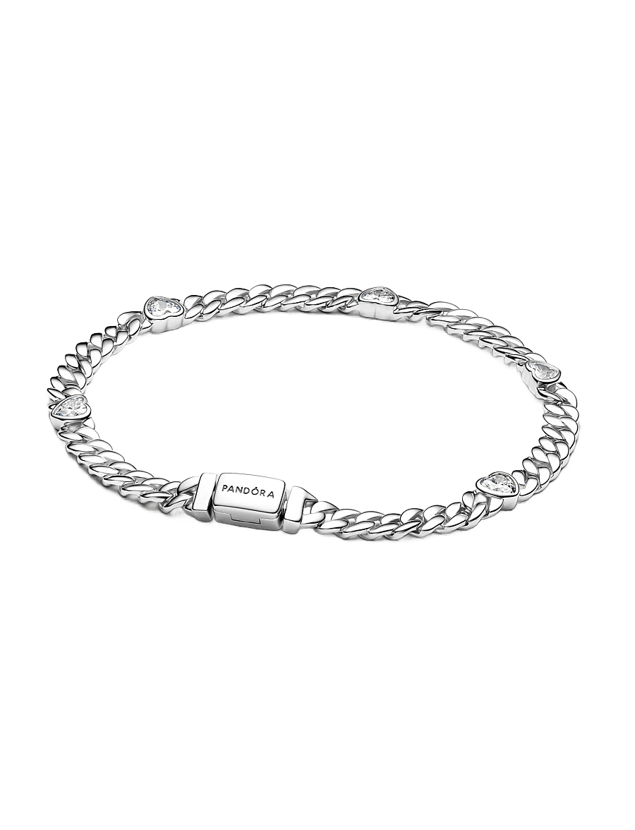 Pandora - Heart cuban chain sterling silver bracelet with clear cubic zirconia - kædearmbånd - clear - 1