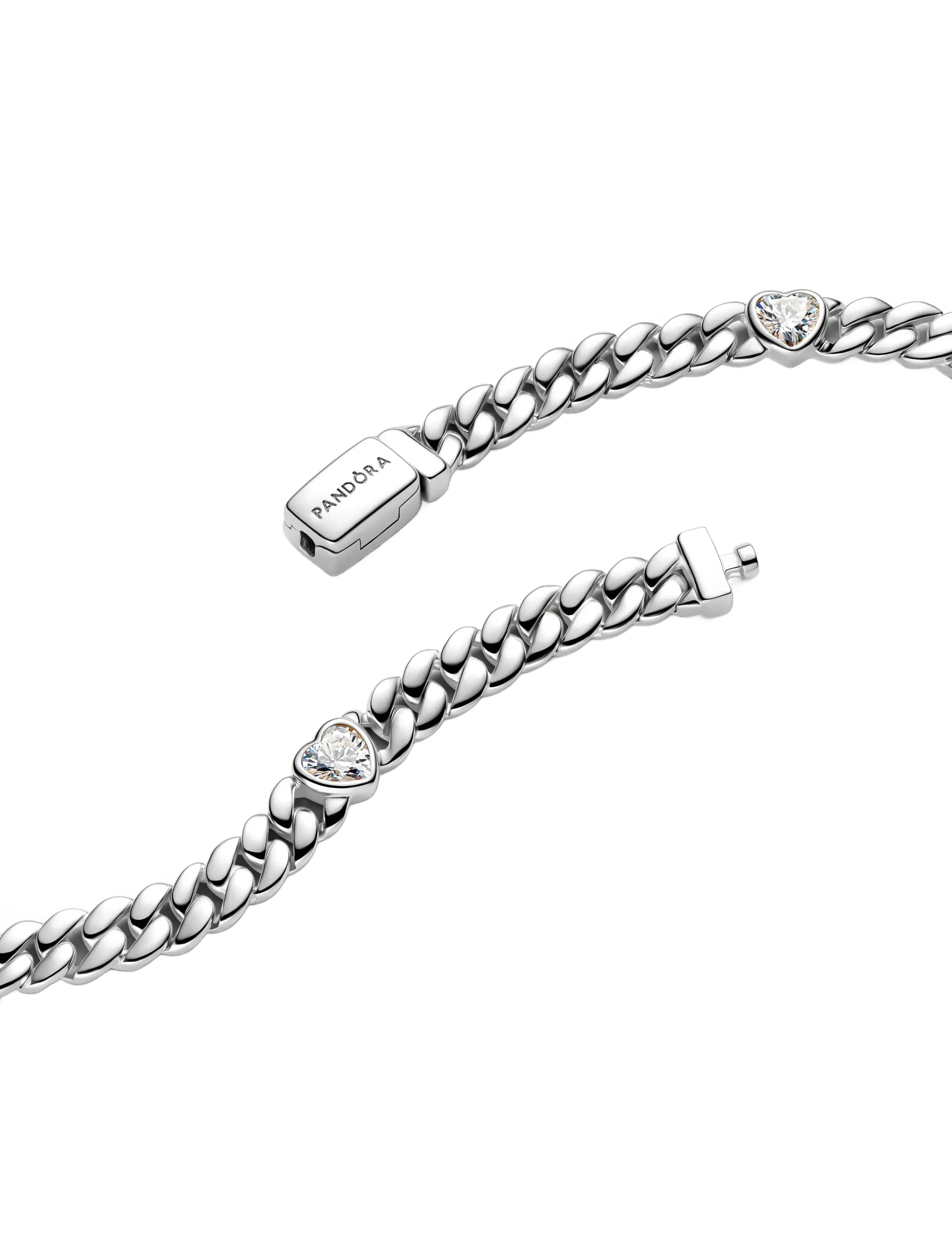 Pandora - Heart cuban chain sterling silver bracelet with clear cubic zirconia - bracelets chaîne - clear - 2