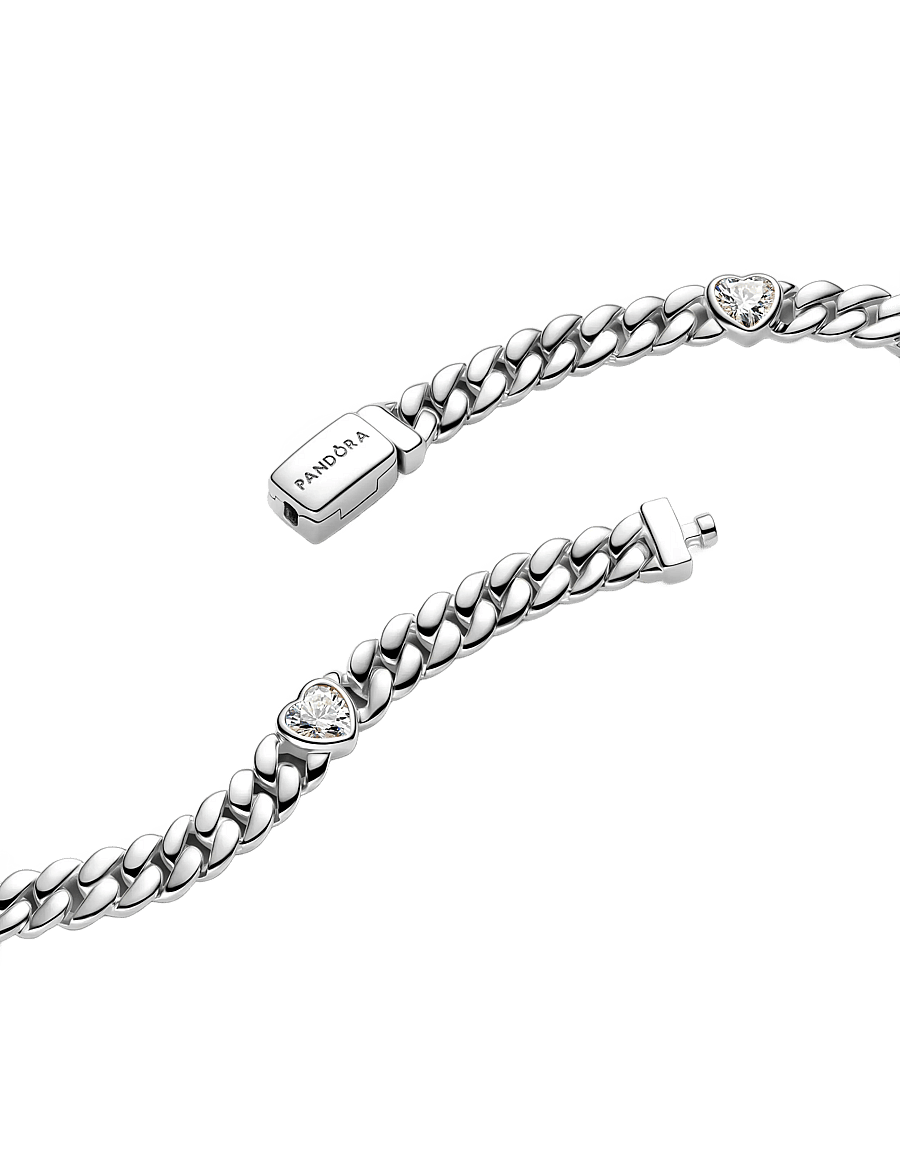 Pandora - Heart cuban chain sterling silver bracelet with clear cubic zirconia - kædearmbånd - clear - 2