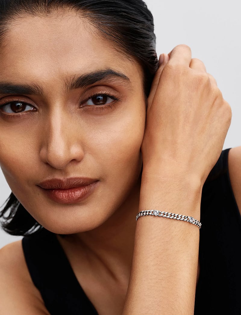 Pandora - Heart cuban chain sterling silver bracelet with clear cubic zirconia - kettenarmbänder - clear - 0