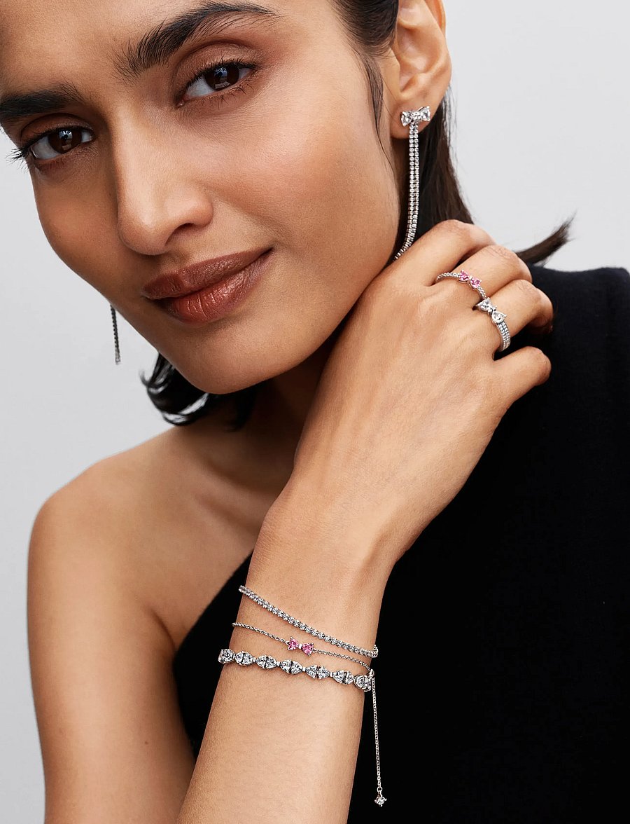 Pandora - Bow sterling silver bracelet with fancy pink and clear cubic zirconia - kædearmbånd - pink - 3