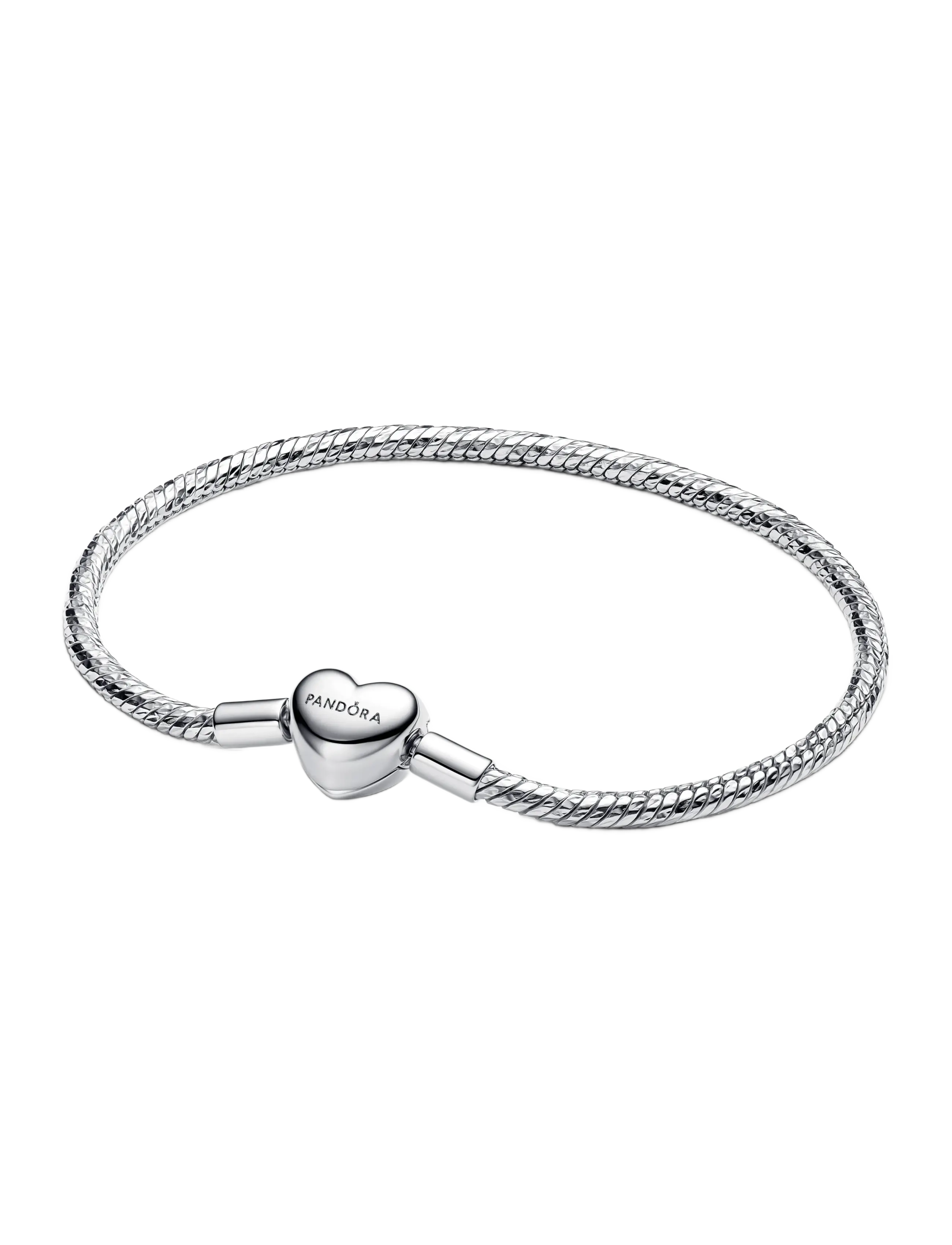 Pandora - Faceted snake chain sterling silver bracelet with engravable heart clasp - no color - 1