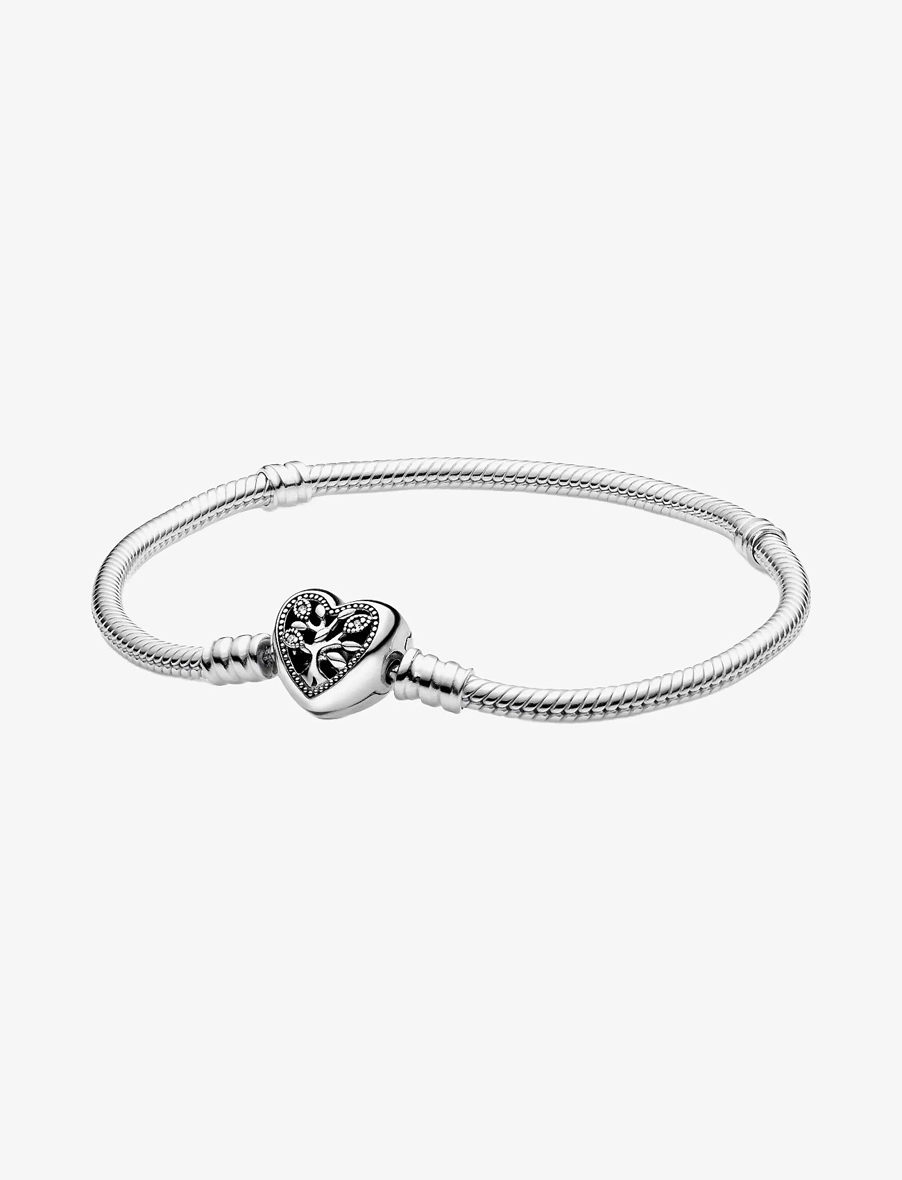 Pandora - Snake chain sterling silver bracelet and heart clasp with clear cubic zirconia and black enamel - kedjearmband - clear - 1