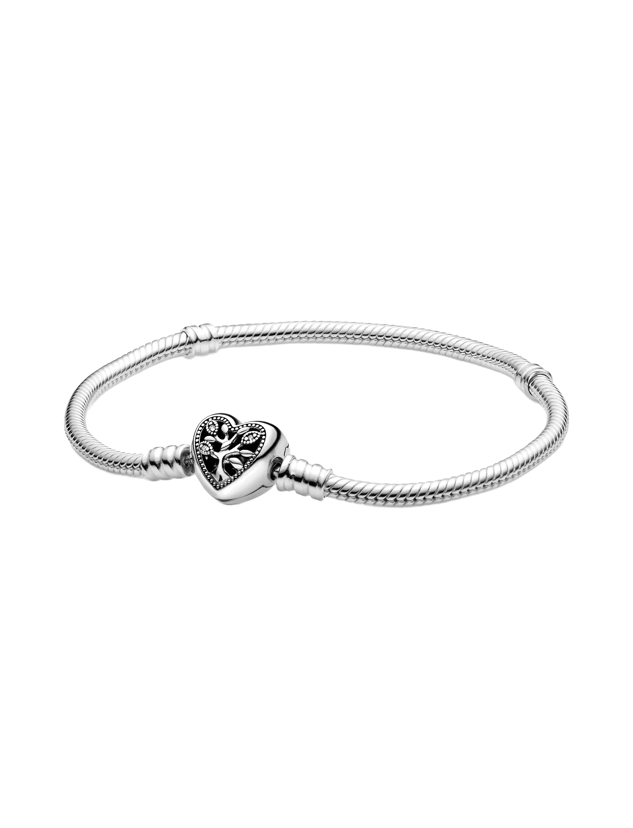 Snake chain sterling silver bracelet and heart clasp with clear cubic zirconia and black enamel - CLEAR