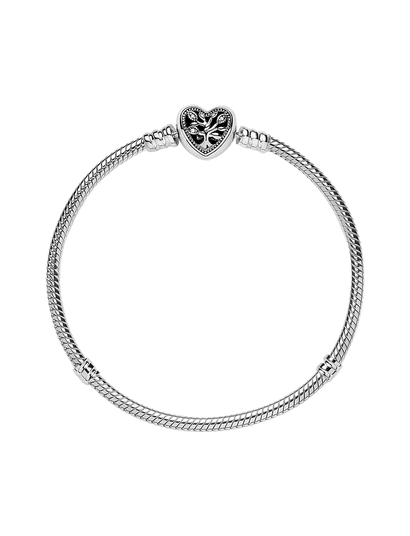 Pandora - Snake chain sterling silver bracelet and heart clasp with clear cubic zirconia and black enamel - kedjearmband - clear - 3