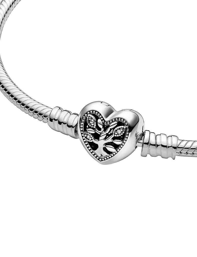 Pandora - Snake chain sterling silver bracelet and heart clasp with clear cubic zirconia and black enamel - kedjearmband - clear - 5
