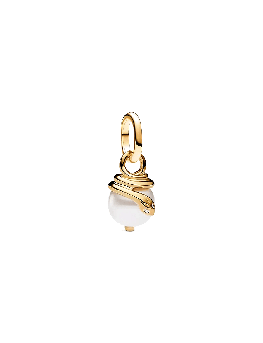 Pandora - Snake 14k gold-plated mini dangle with white lacquered artificial pearl and clear cubic zirconia - pendentifs - white - 1