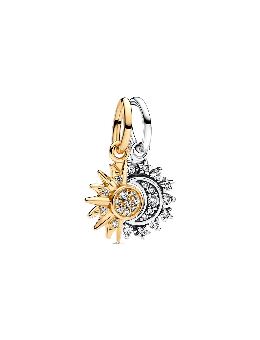 Pandora - Sun and moon sterling silver and 14k gold-plated splittable dangle with clear cubic zirconia - clear - 1