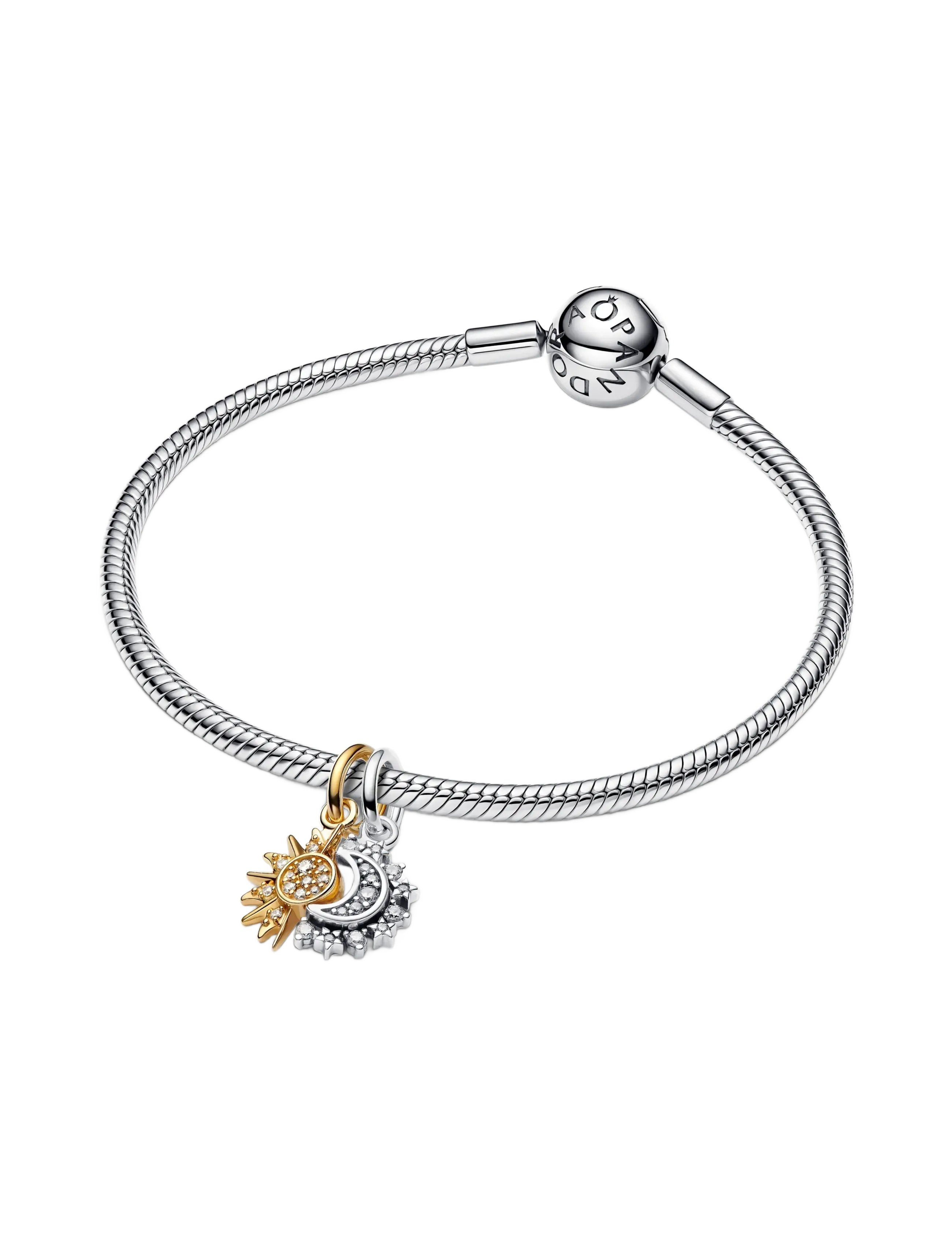 Pandora - Sun and moon sterling silver and 14k gold-plated splittable dangle with clear cubic zirconia - clear - 3