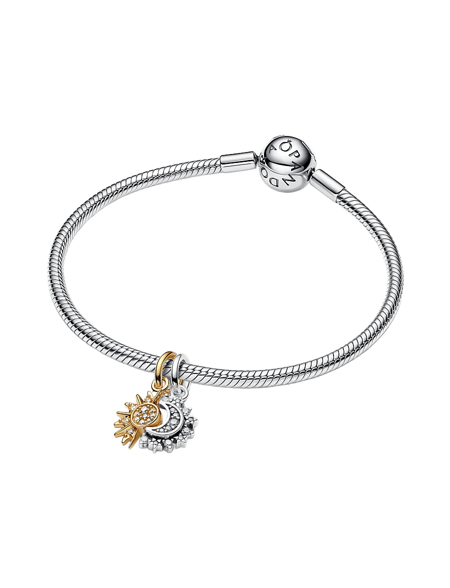 Pandora - Sun and moon sterling silver and 14k gold-plated splittable dangle with clear cubic zirconia - clear - 3