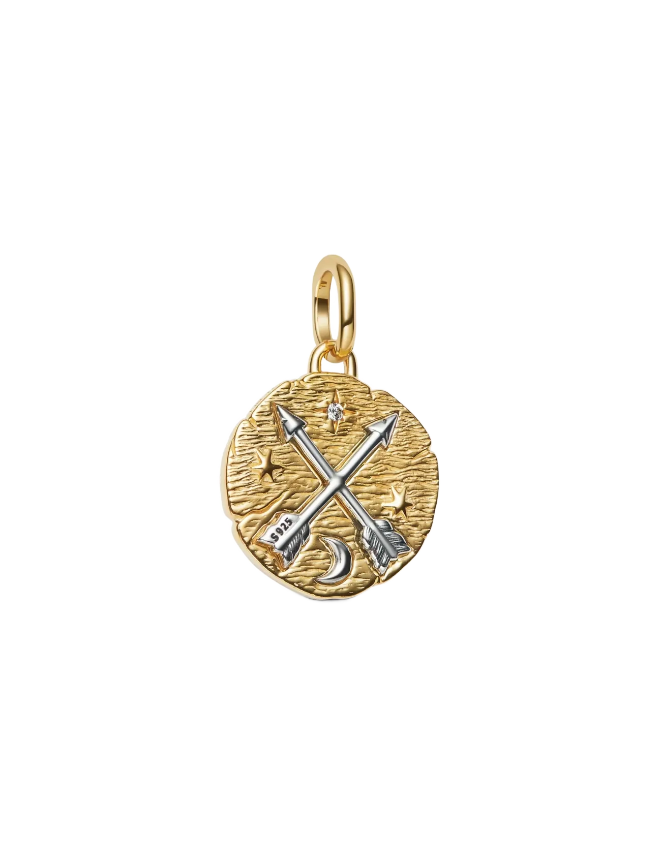 Crossing arrows sterling silver and 14k gold-plated medallion with clear cubic zirconia - CLEAR