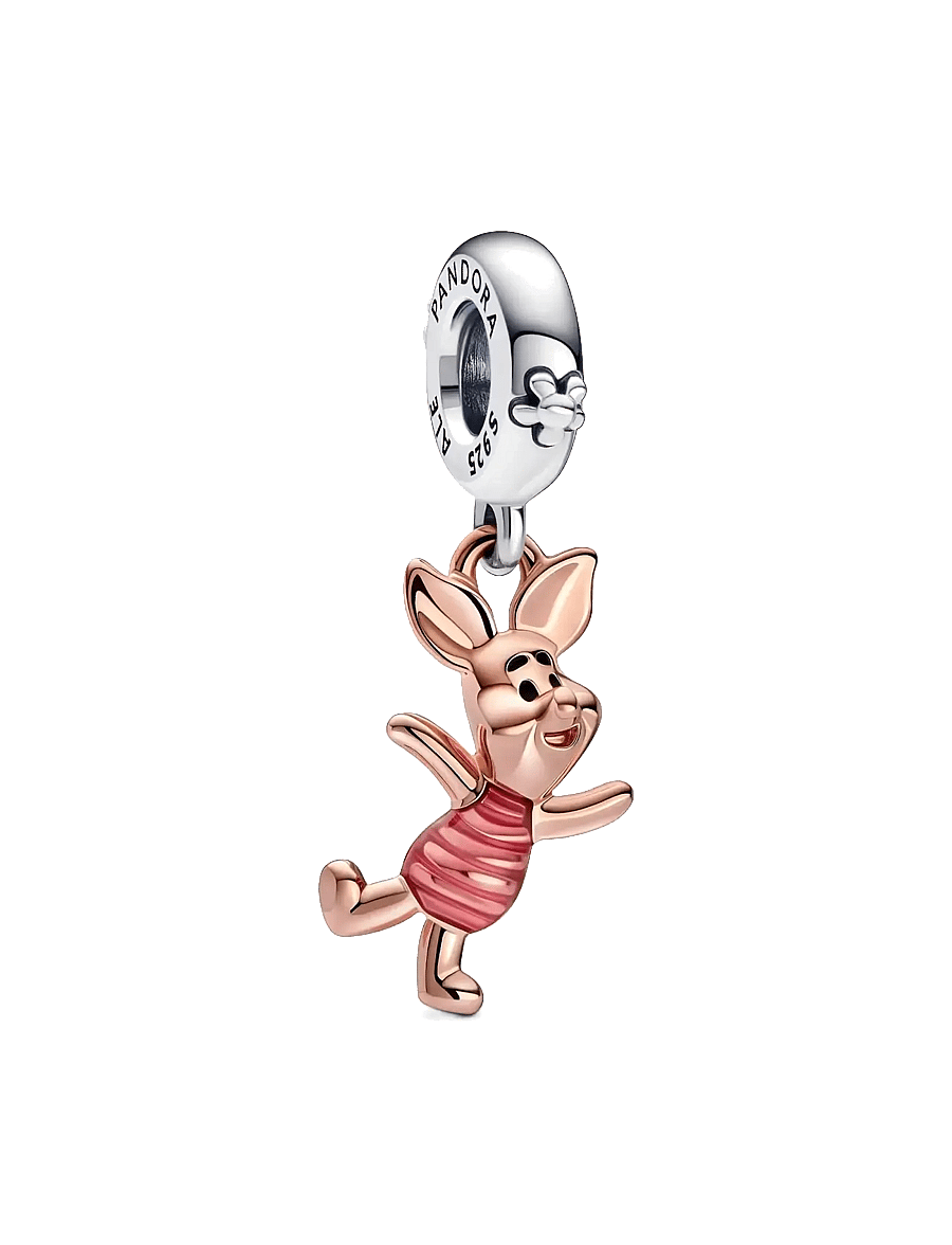Pandora - Disney Piglet sterling silver and 14k rose gold-plated dangle with transparent pink and black enamel - pendentifs - pink - 1