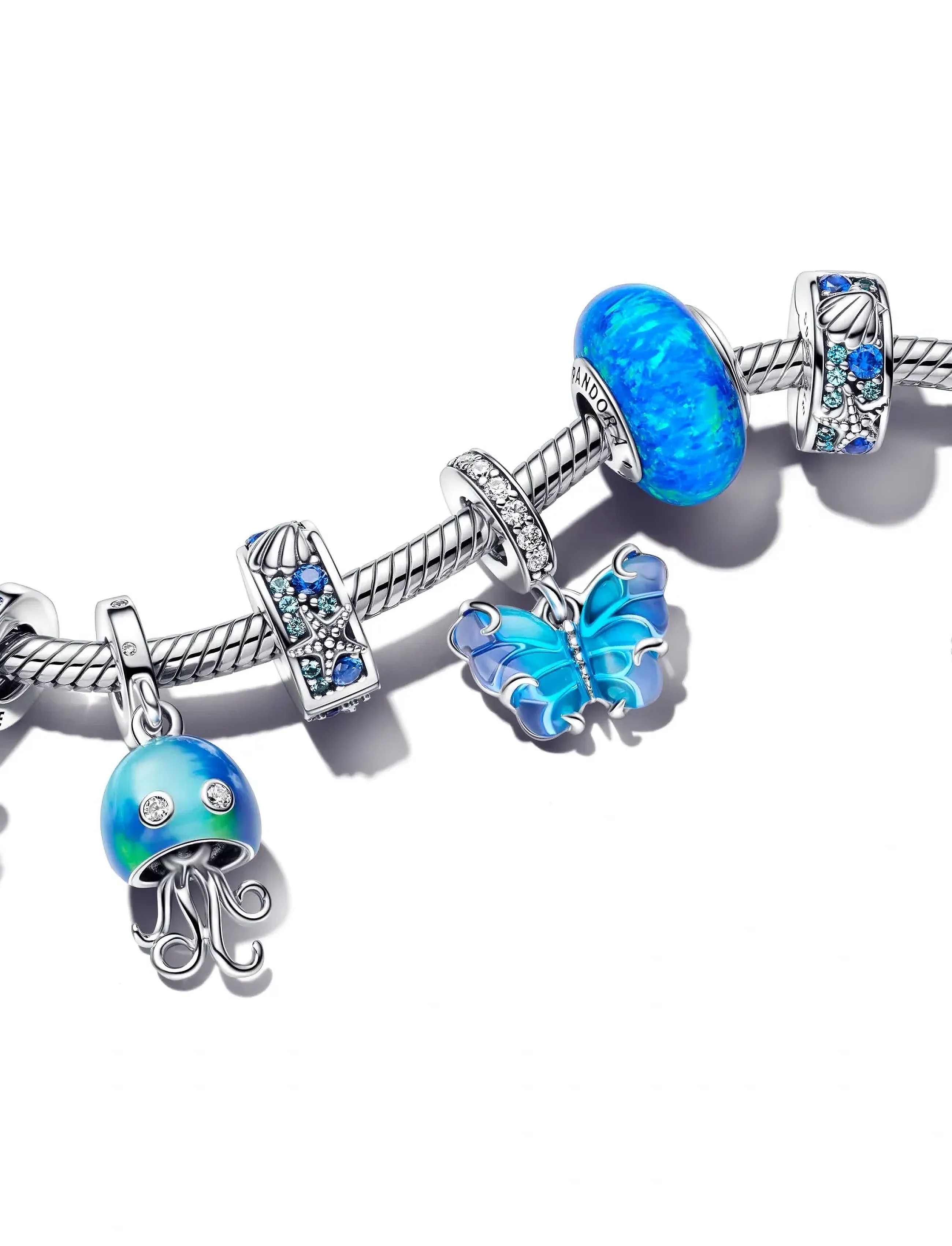 Pandora - Starfish and shell sterling silver clip with icy green, bleached aqua blue, stellar blue crystal and - pendentifs - blue - 3