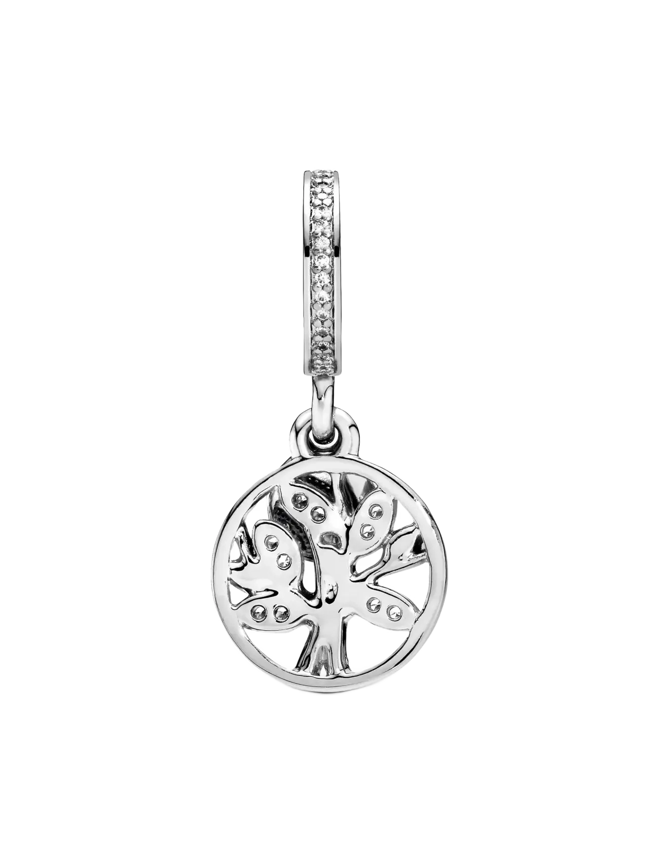 Family tree silver dangle with 14k and clear cubic zirconia - CLEAR