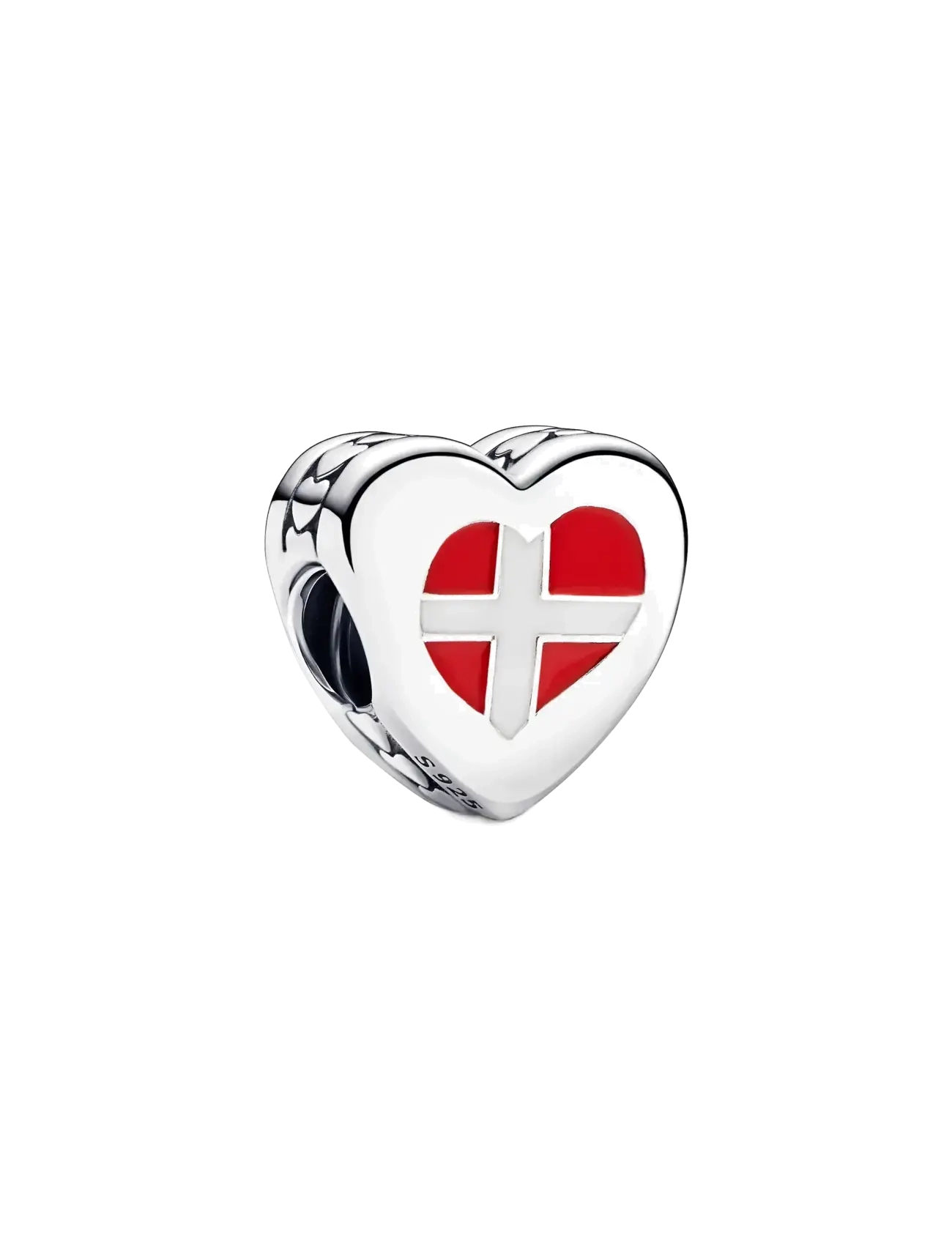 Denmark Flag Heart Sterling Silver Charm With Red And White Enamel