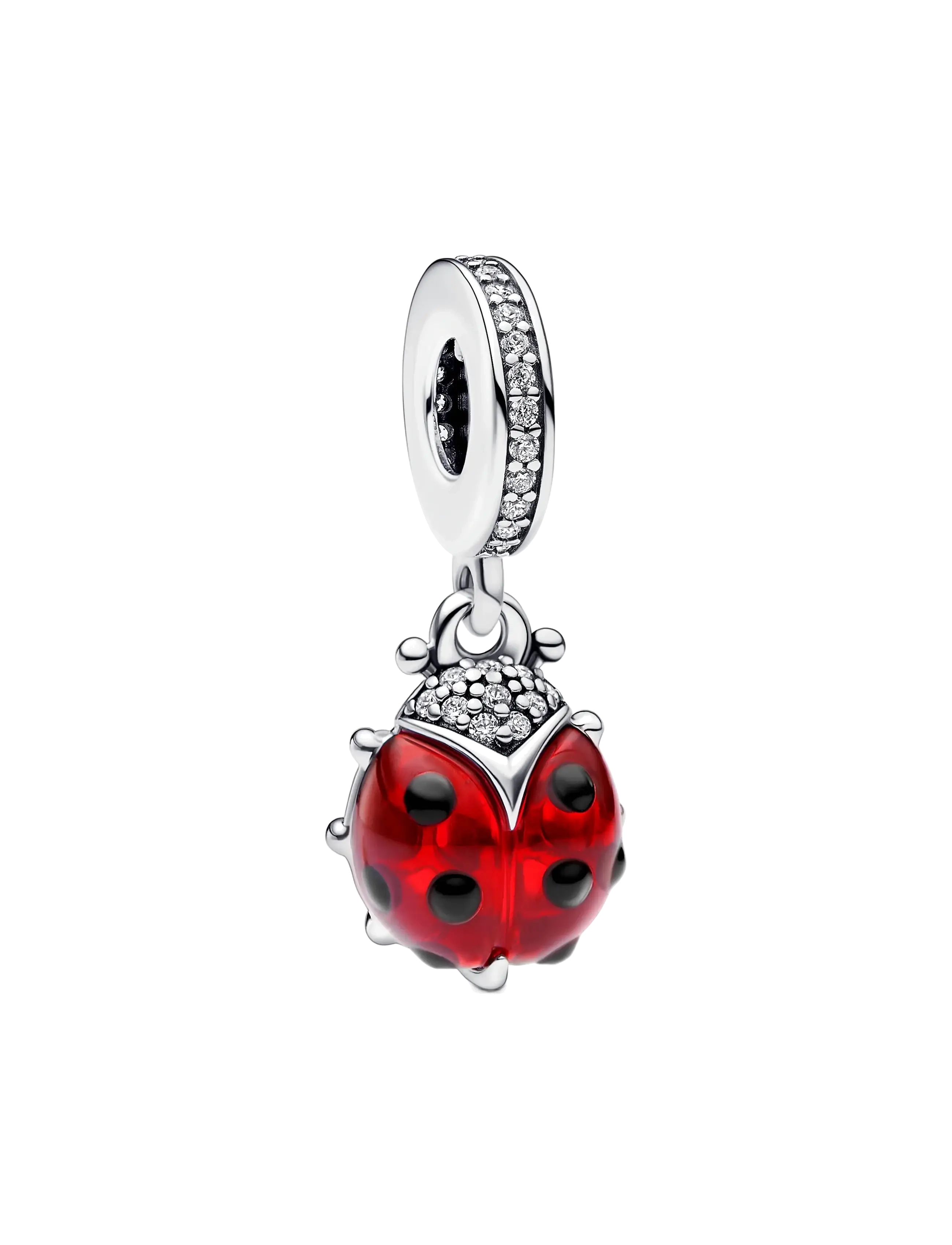 Ladybird Sterling Silver Dangle With Salsa Red Crystal, Clear Cubic Zirconia And Black Enamel