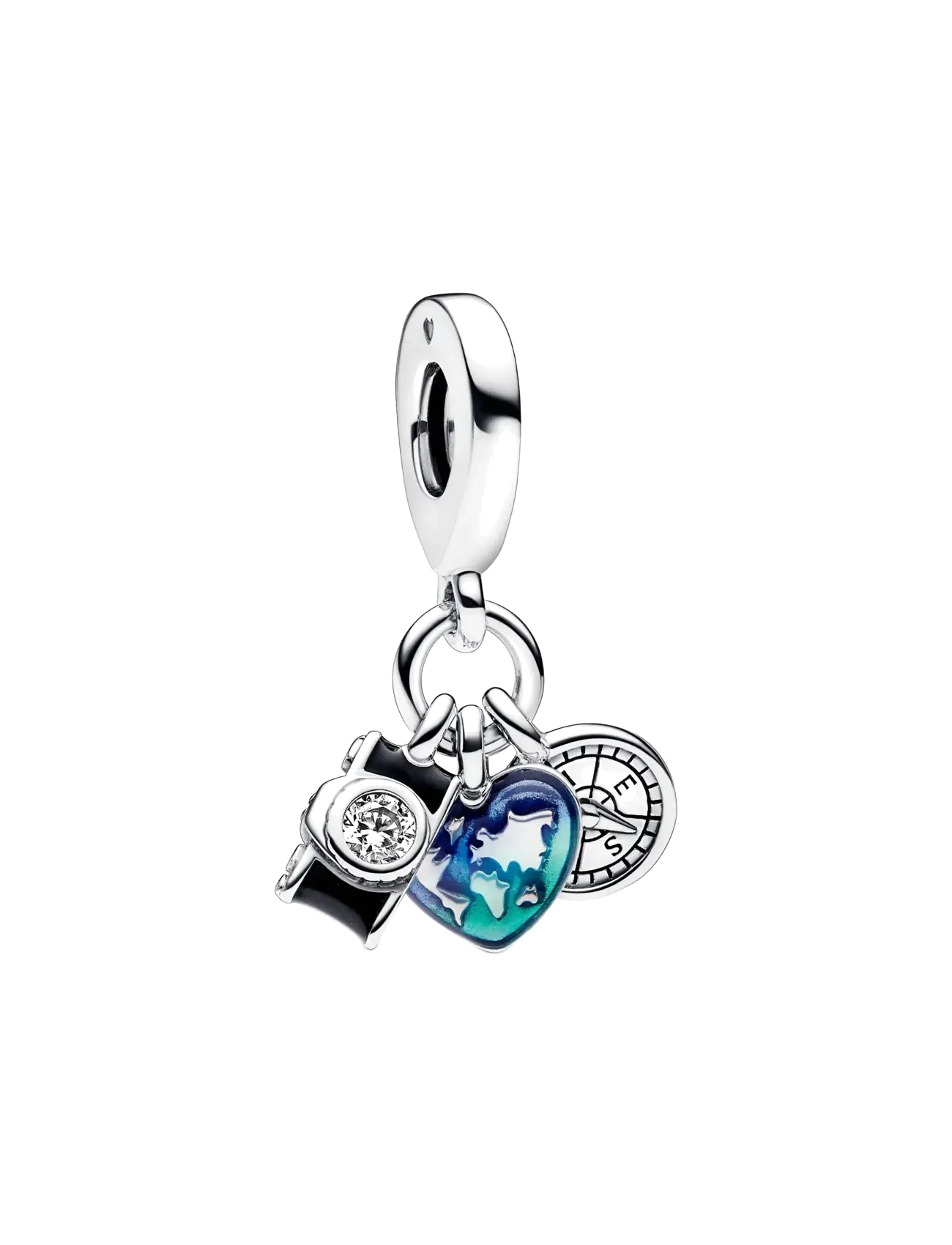 Pandora Camera, heart and compass sterling silver triple dangle with clear cubic zirconia, black, transparen - Charms - BLUE / silver