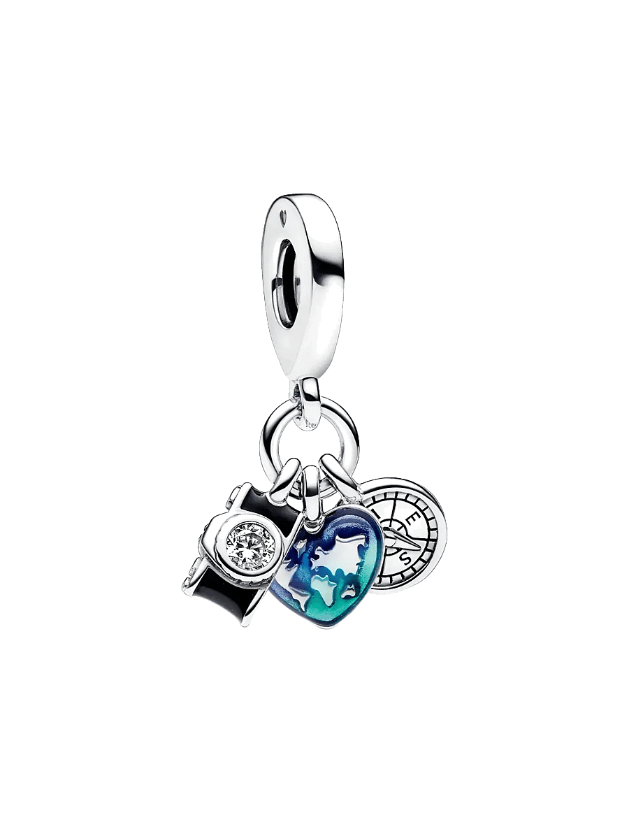 Pandora - Camera, heart and compass sterling silver triple dangle with clear cubic zirconia, black, transparen - anhänger - blue - 1