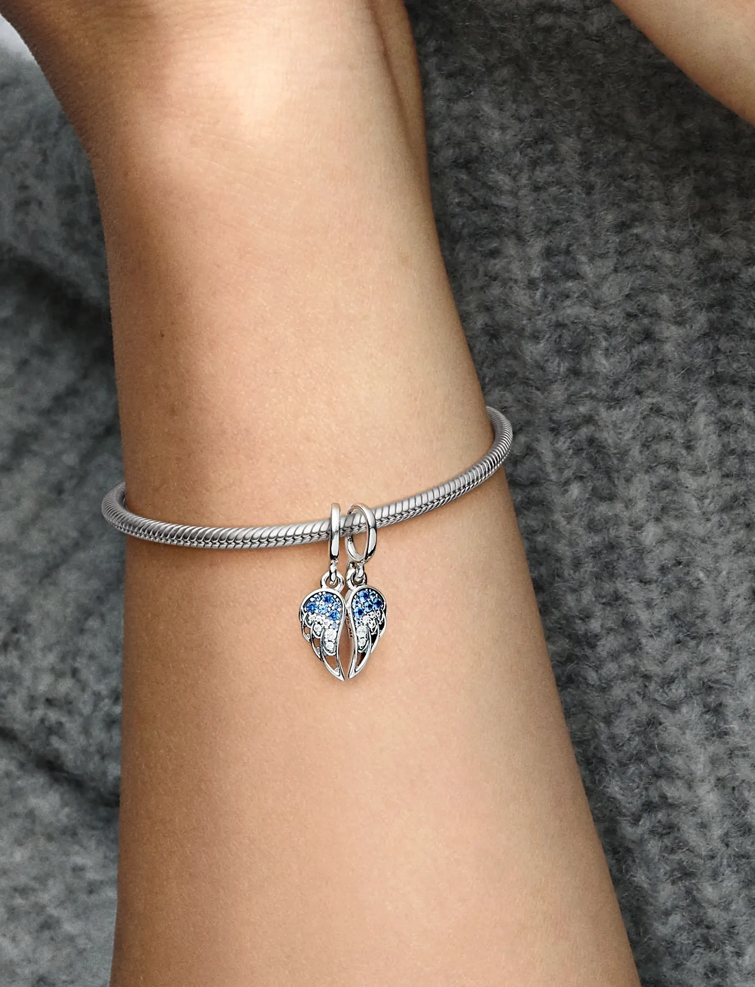 Angel Wings Sterling Silver Splittable Dangle With Stellar Blue, Skylight Blue Crystal And Clear Cub 2