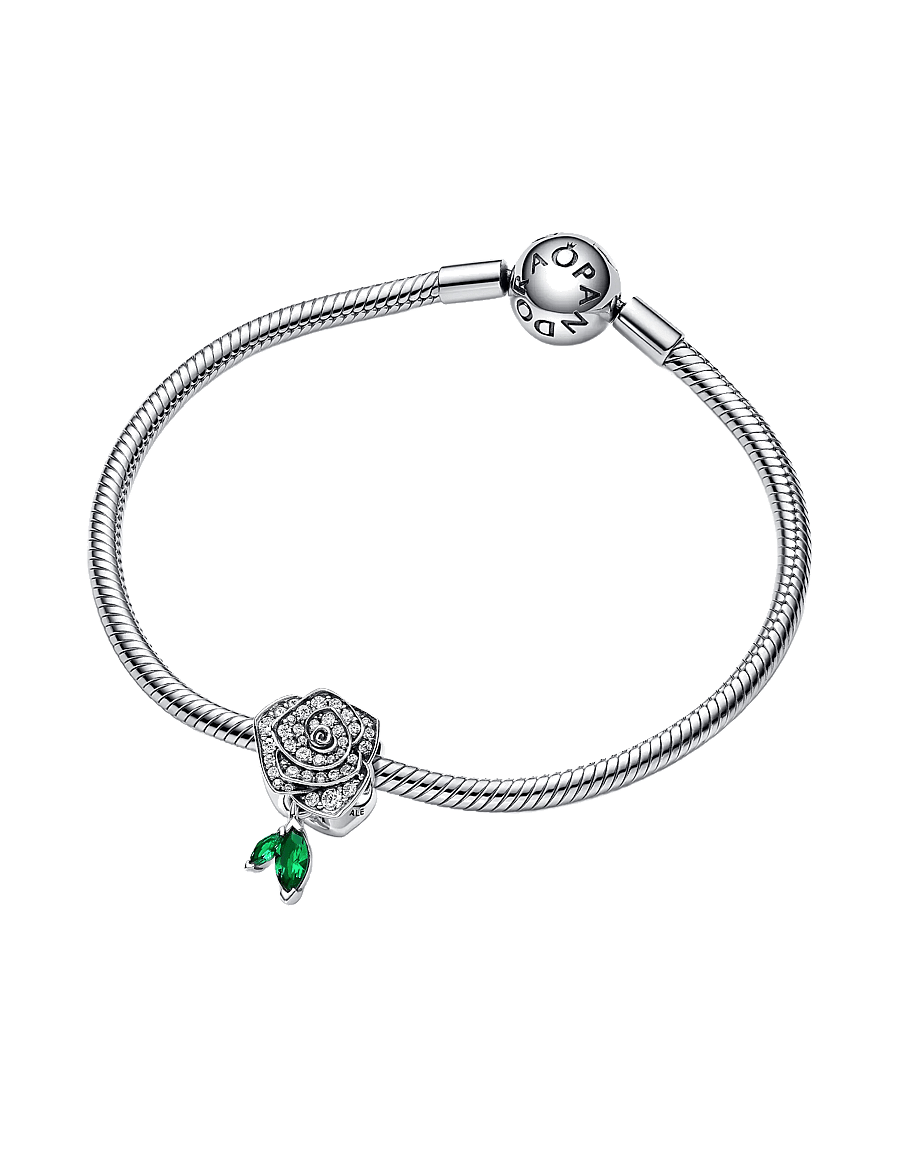 Pandora - Rose sterling silver charm with clear cubic zirconia and royal green crystal - pendentifs - green - 2