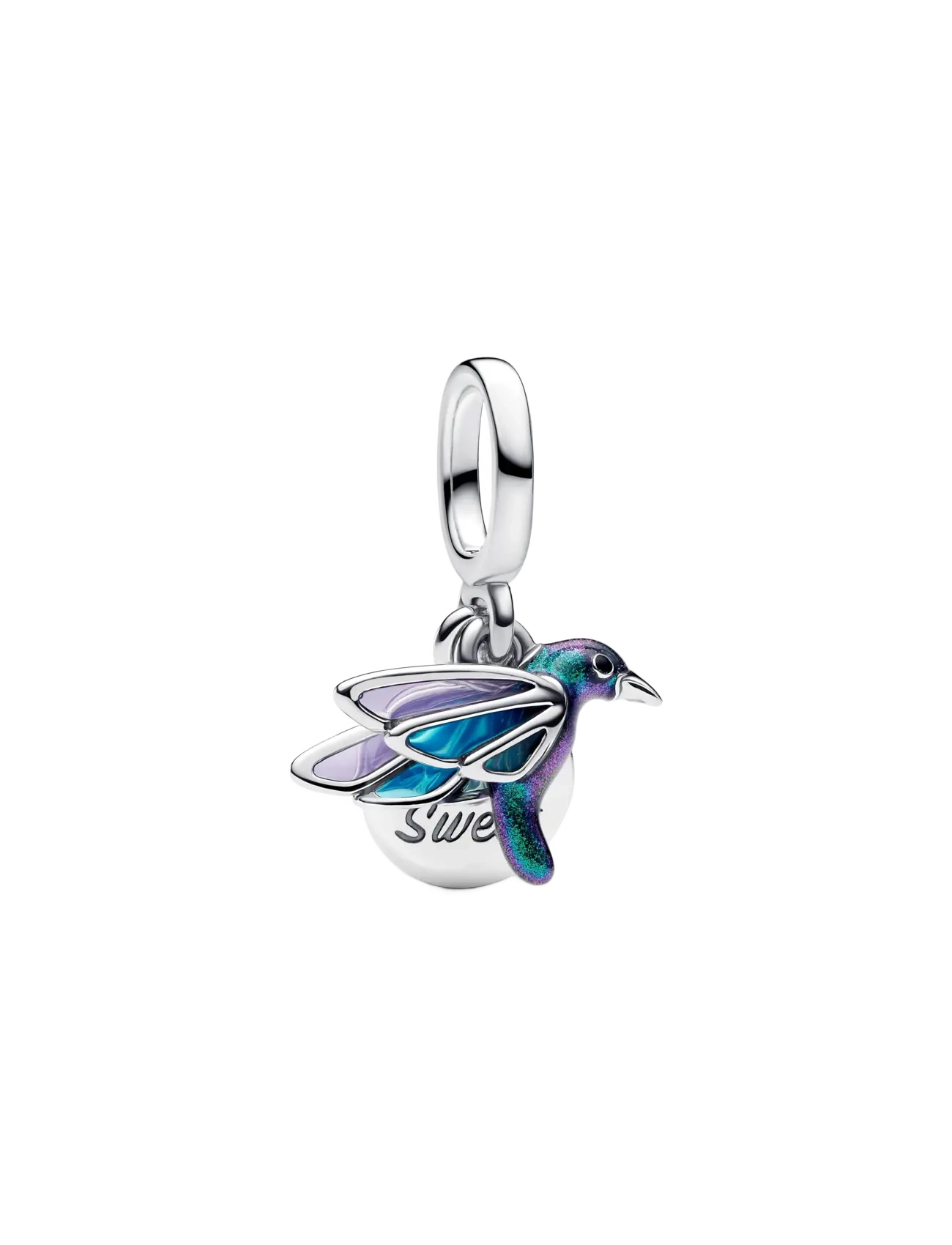 Pandora Hummingbird sterling silver double dangle with glittery green, black, transparent blue and purple en - Charms - PURPLE / silver