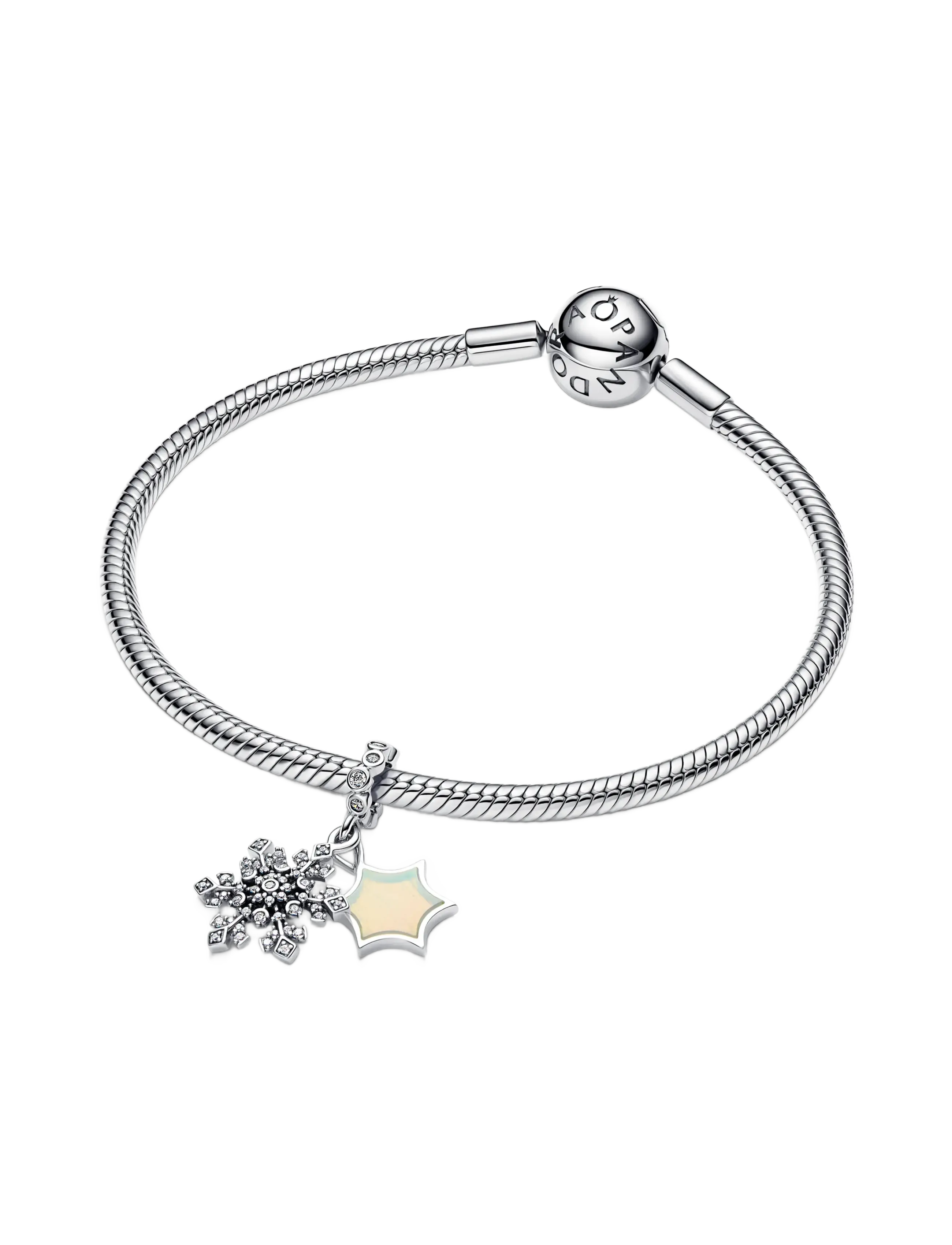 Pandora - Snowflake and star sterling silver double dangle - vedhæng - white - 3