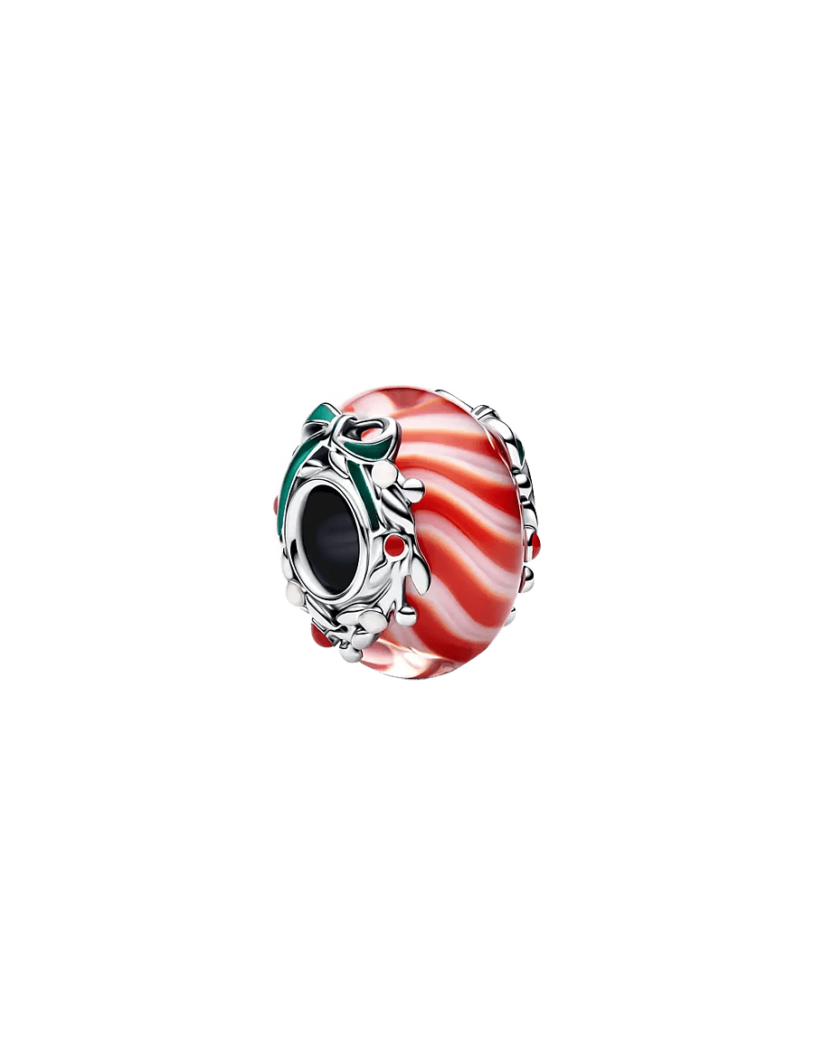 Pandora - Candy sterling silver charm with red and white Murano glass, shimmering white, red and green enamel - pendants - red - 1