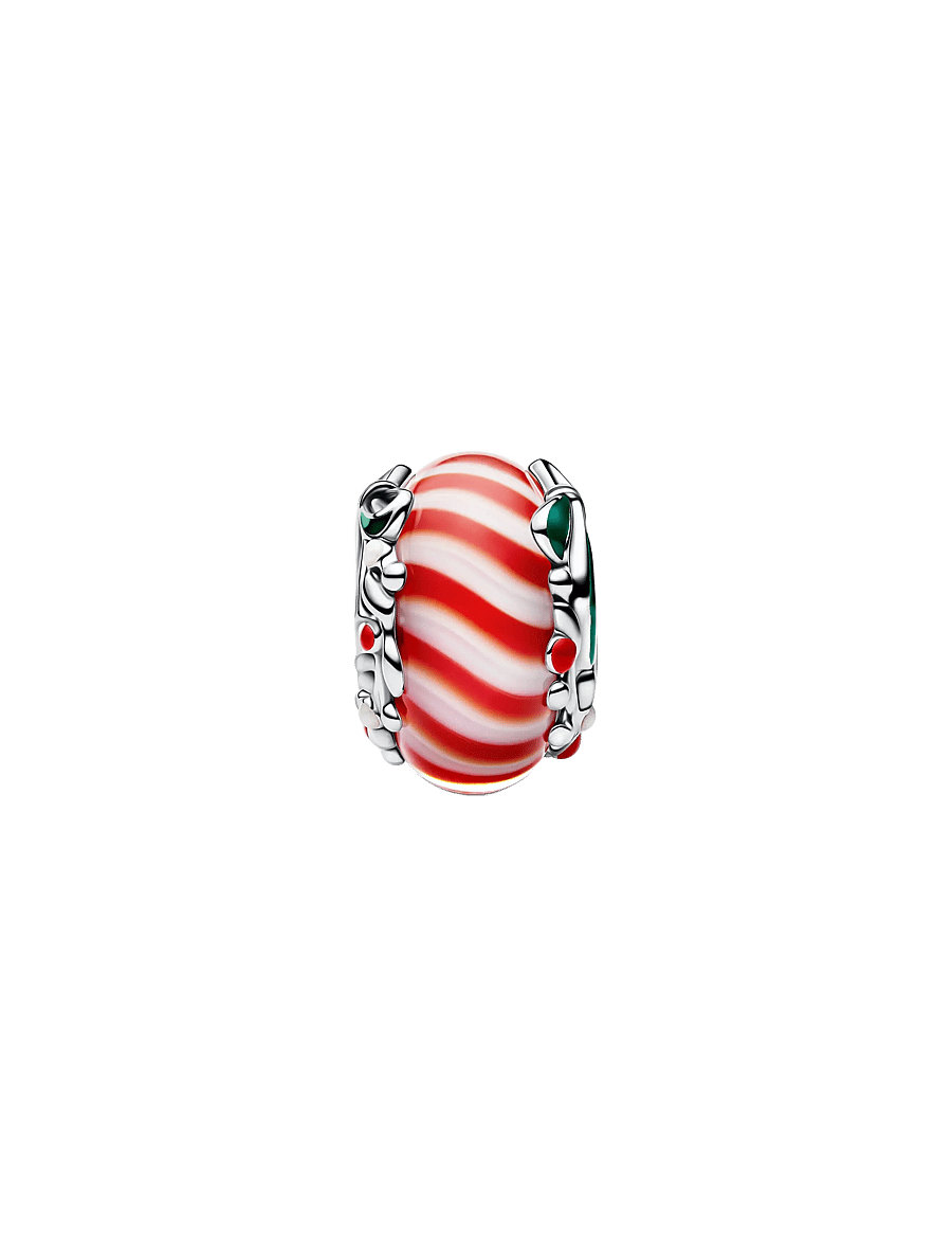 Pandora - Candy sterling silver charm with red and white Murano glass, shimmering white, red and green enamel - pendants - red - 2