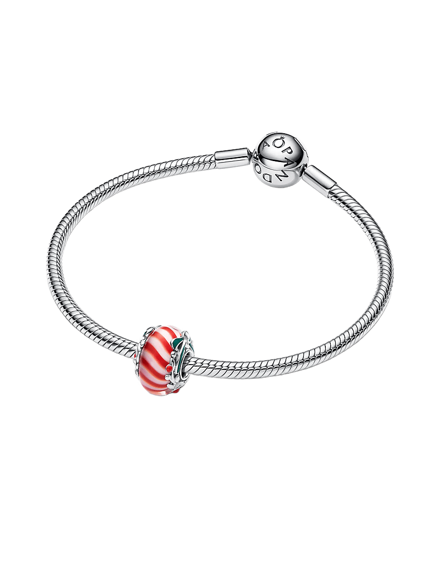 Pandora - Candy sterling silver charm with red and white Murano glass, shimmering white, red and green enamel - pendants - red - 3