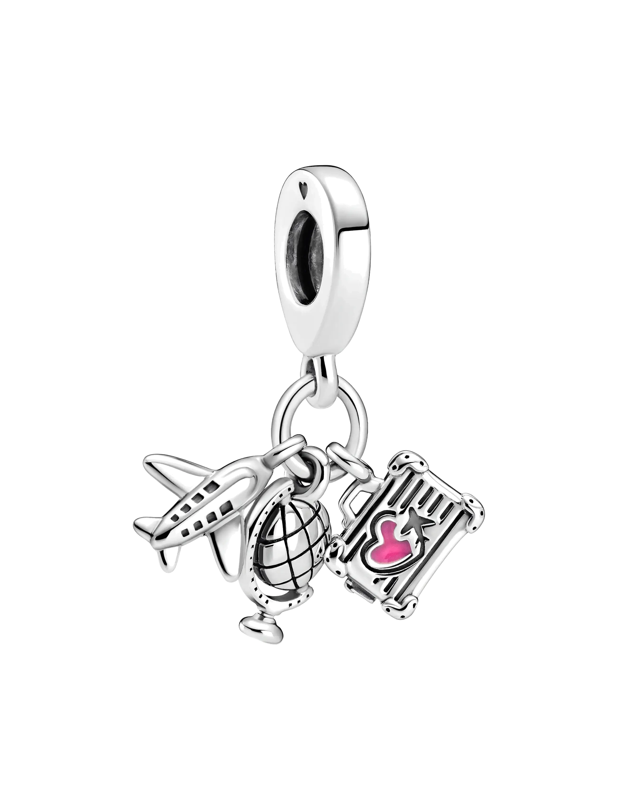 , Charms i 925 sølv heng med fly, koffert og jordklode