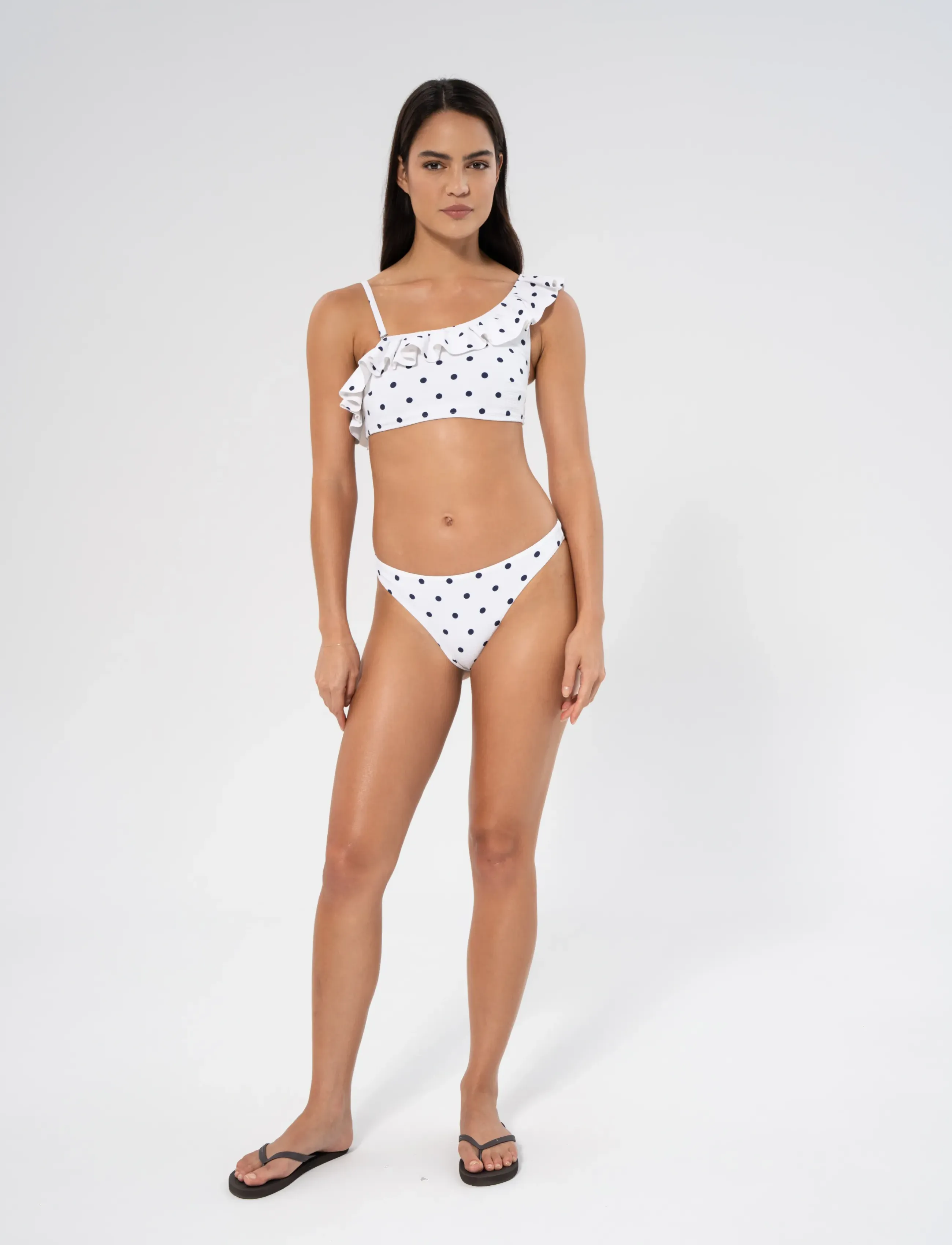 Panos Emporio Helle Polka Dot Top, Kvinder, Prikket Enskuldret Flæset Bikini Top, Hvid, Str: 42